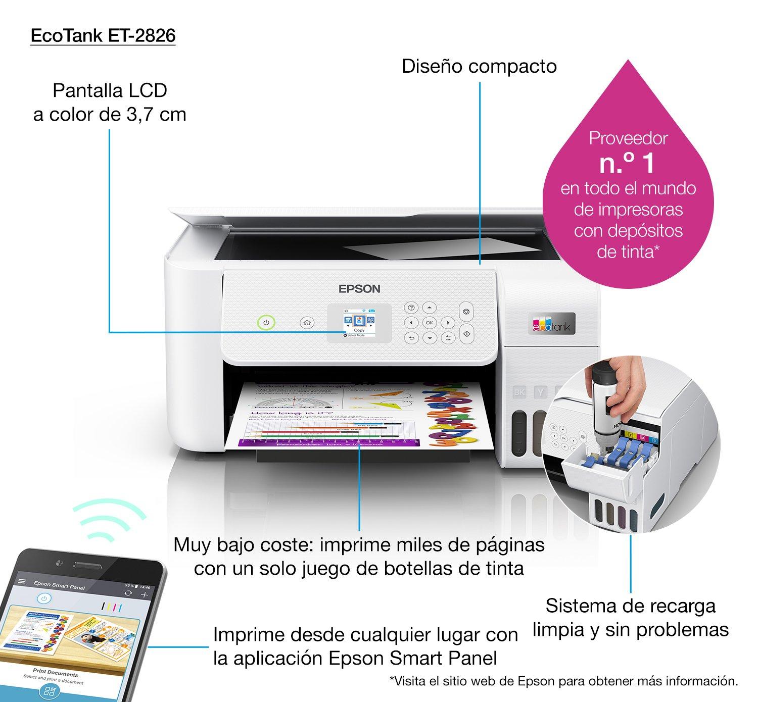 Epson EcoTank ET-2826, Impresora WiFi A4 Multifunción con Depósito de Tinta  Recargable y Pantalla LCD, 3 en 1: Impresión, Copiadora, Escáner, Mobile  Printing, Blanco : .es: Informática