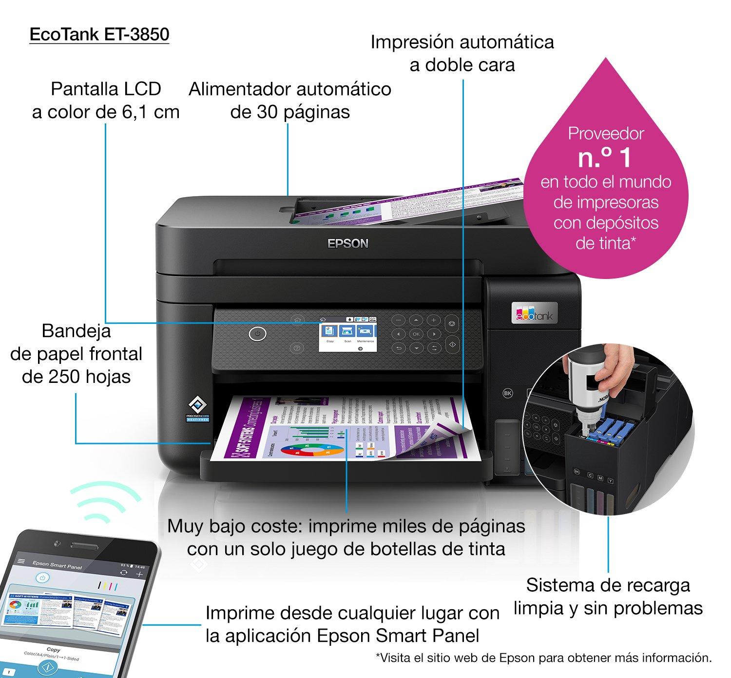 Epson EcoTank ET-3850 Impresora Supertank inalámbrica a color todo en uno  sin cartuchos con escáner, copiadora, ADF y Ethernet, la impresora perfecta