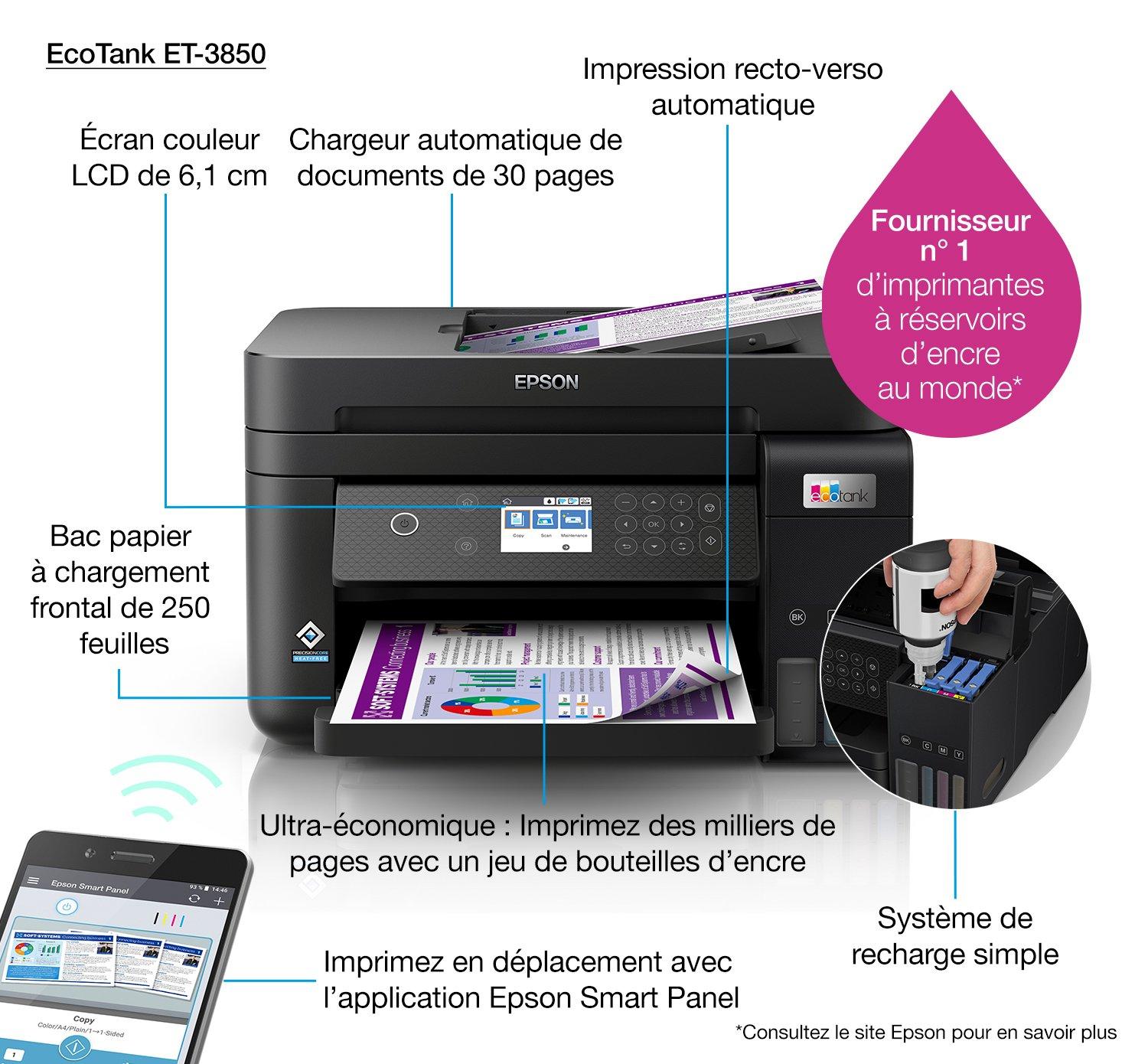Epson - EcoTank ET-3850 - Multifonction couleur, impression, copie, scan,  jet d'encre, A4, chargeur de documents ADF, recto verso uniquement en  impression, 15 ppm