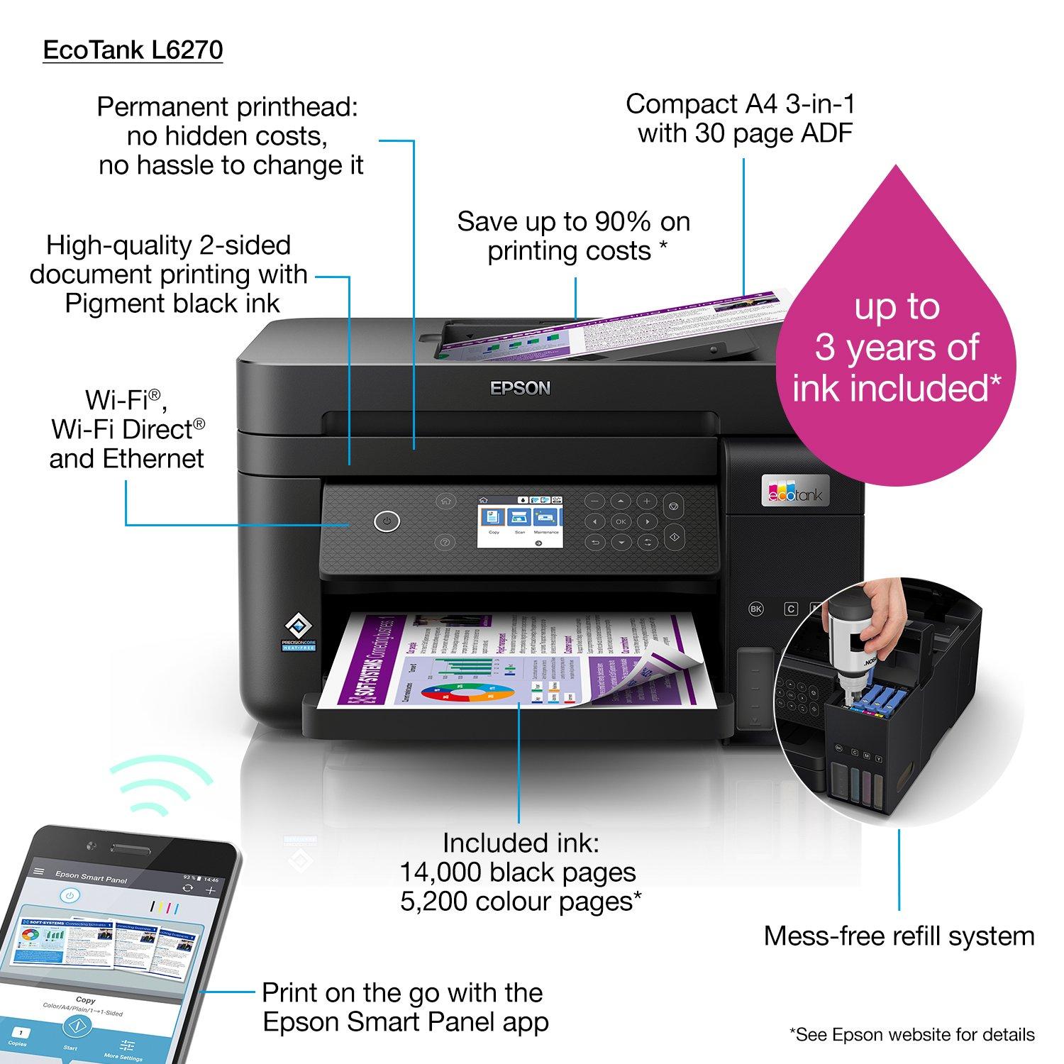 Impresora multifunción Inkjet color - Epson - EcoTank L6270 - Sist.  Continuo - USB & WiFi & Ethernet