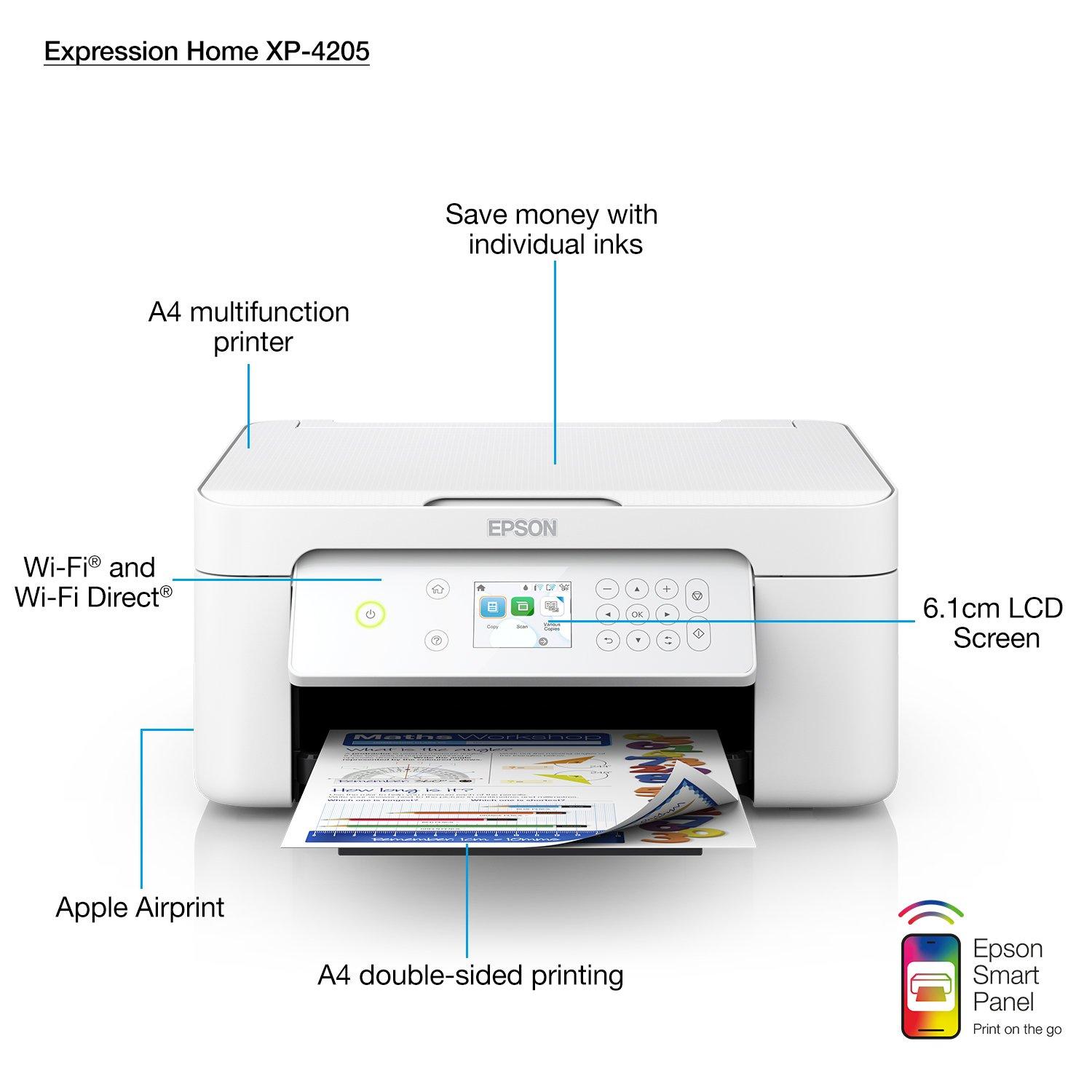  Epson Expression Home XP-4205 Impresora inalámbrica de  inyección de tinta a color, color negro, escaneo de copia de impresión,  pantalla LCD a color de 2.4 pulgadas, 10.0 ppm, 5760 x 1440