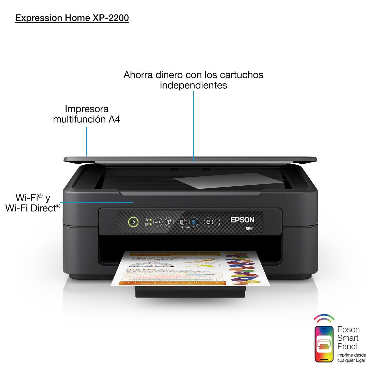 Impresora Epson Expression Home XP-2200: Multifuncion impresora-copiadora-Wifi,  USB, Impresión móvil, Panel digital, bandeja posterior hasta 50 paginas, 27  pg/min Monocromo, 15 pg/min Color, Nueva, SELLADA, sin sistema, para  colocar llave CHIPLESS