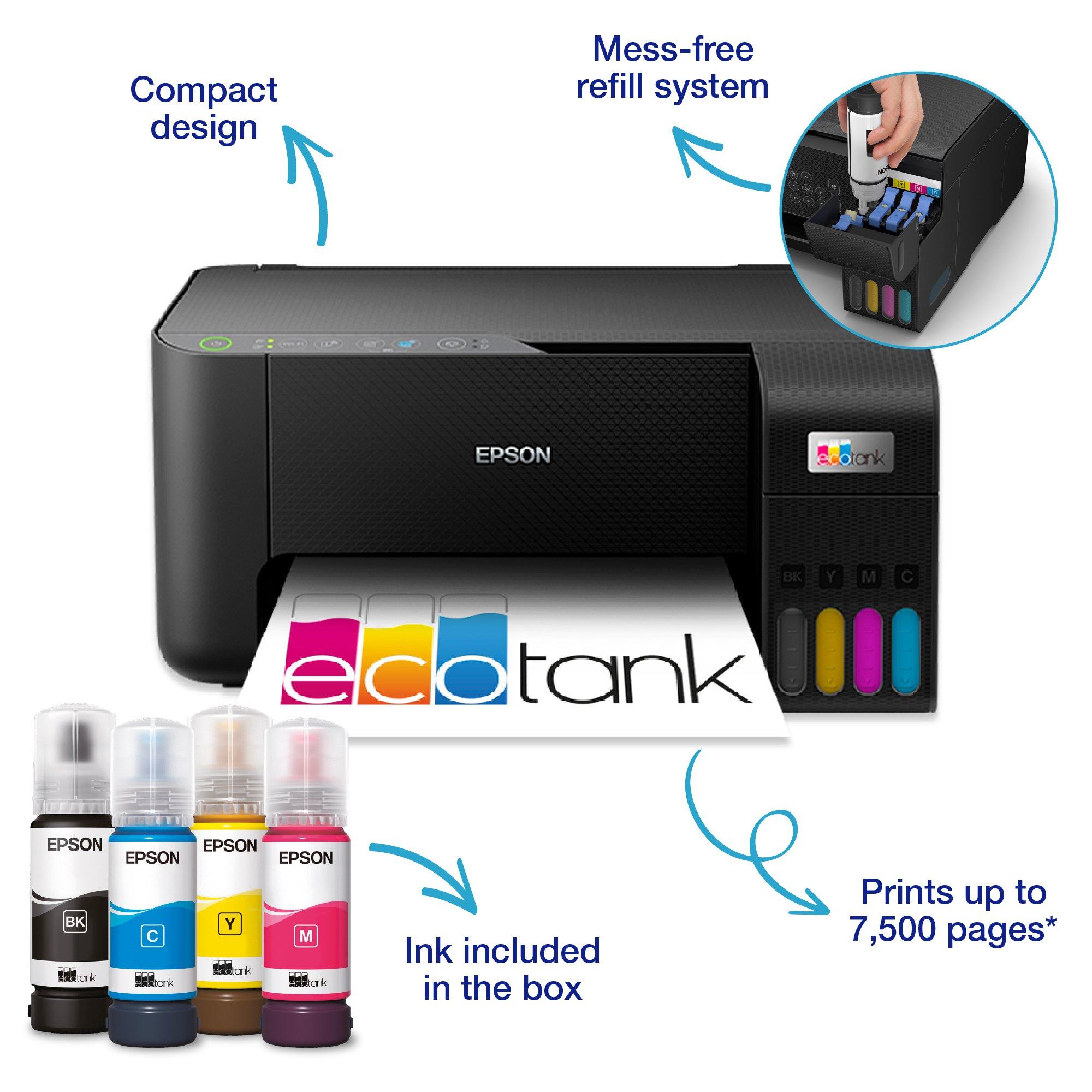 Epson EcoTank ET-2721 Printer with Tanks, Multifunctional 3-in-1:  Printer/Scanner/Copier, A4, Color Inkjet, Wifi Direct, Ink Kit Included,  Screen, Low Cost Per Page, Compact : : Electronics