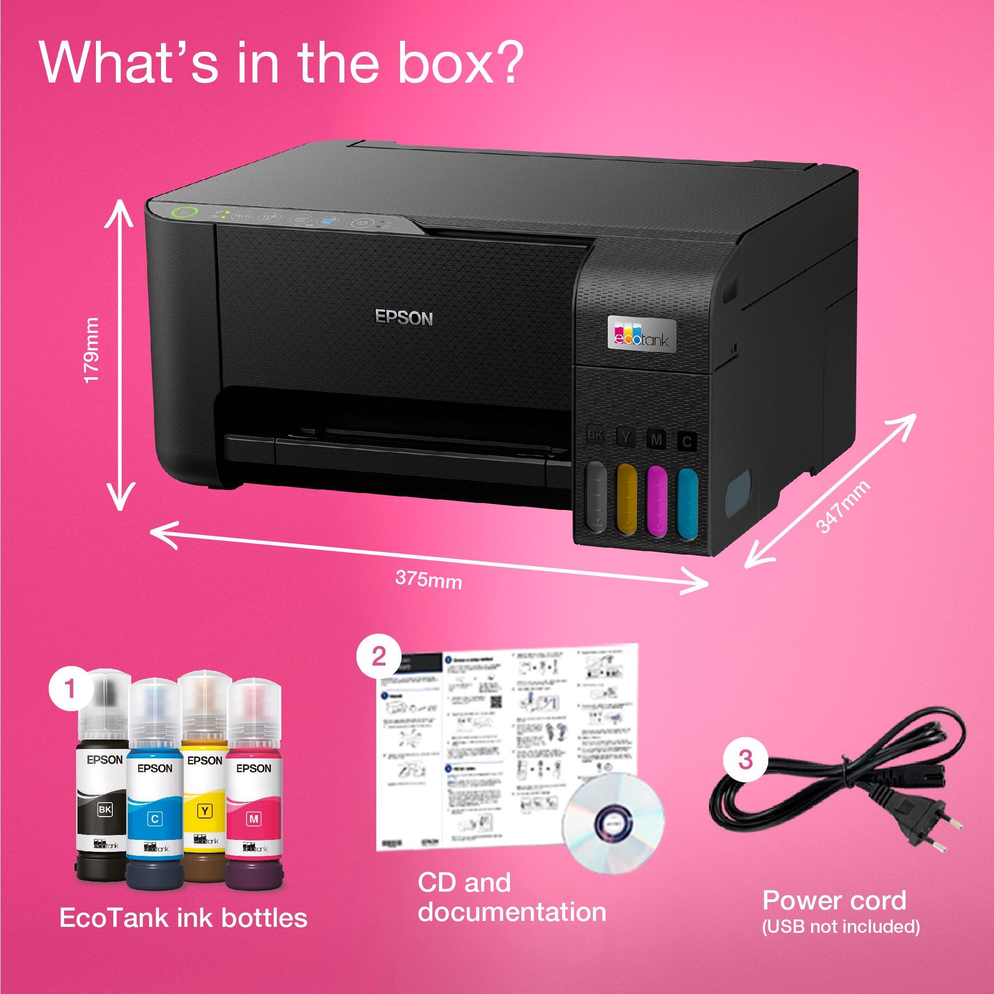 EcoTank ET-2810 A4 Multifunction Wi-Fi Ink Tank Printer, With Up To 3 Years Of Ink Included* whats in the box