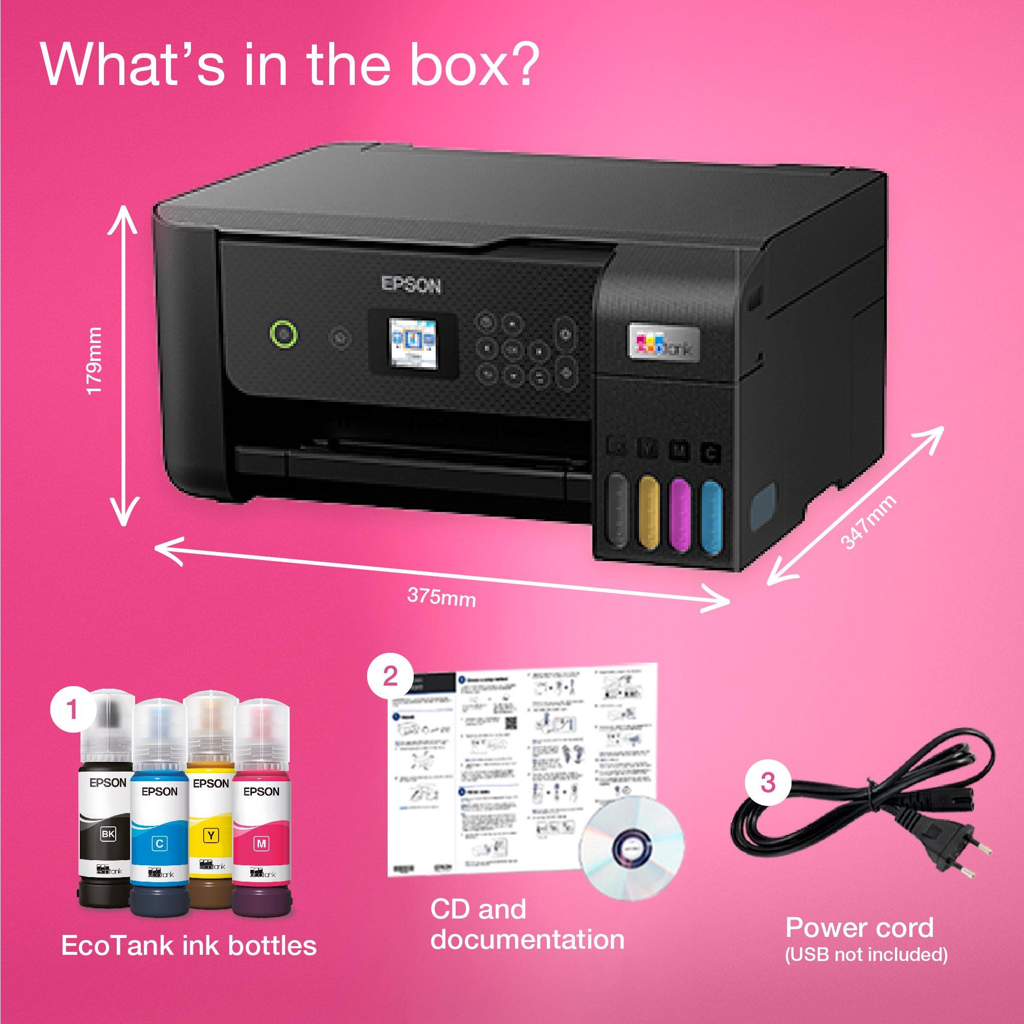 EcoTank ET-2820 A4 Multifunction Wi-Fi Ink Tank Printer, With Up To 3 Years Of Ink Included* whats in the box