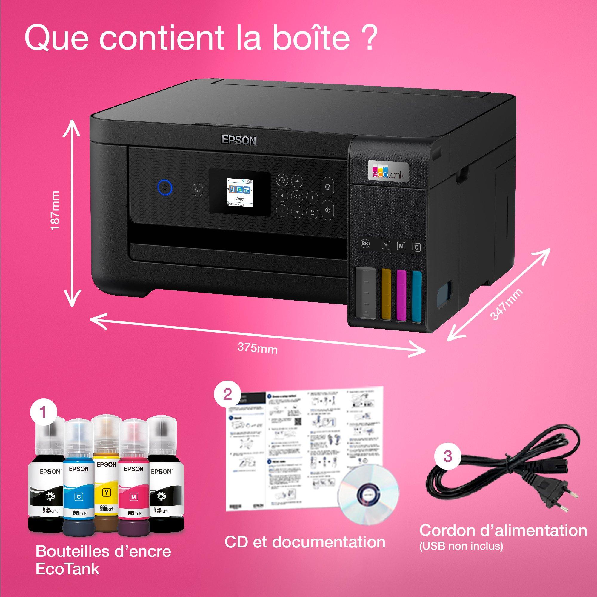 Imprimante multifonction A4 Wi-Fi EcoTank ET-2850 équipée de réservoirs d’encre, avec jusqu’à 3 ans d’encre inclus whats in the box