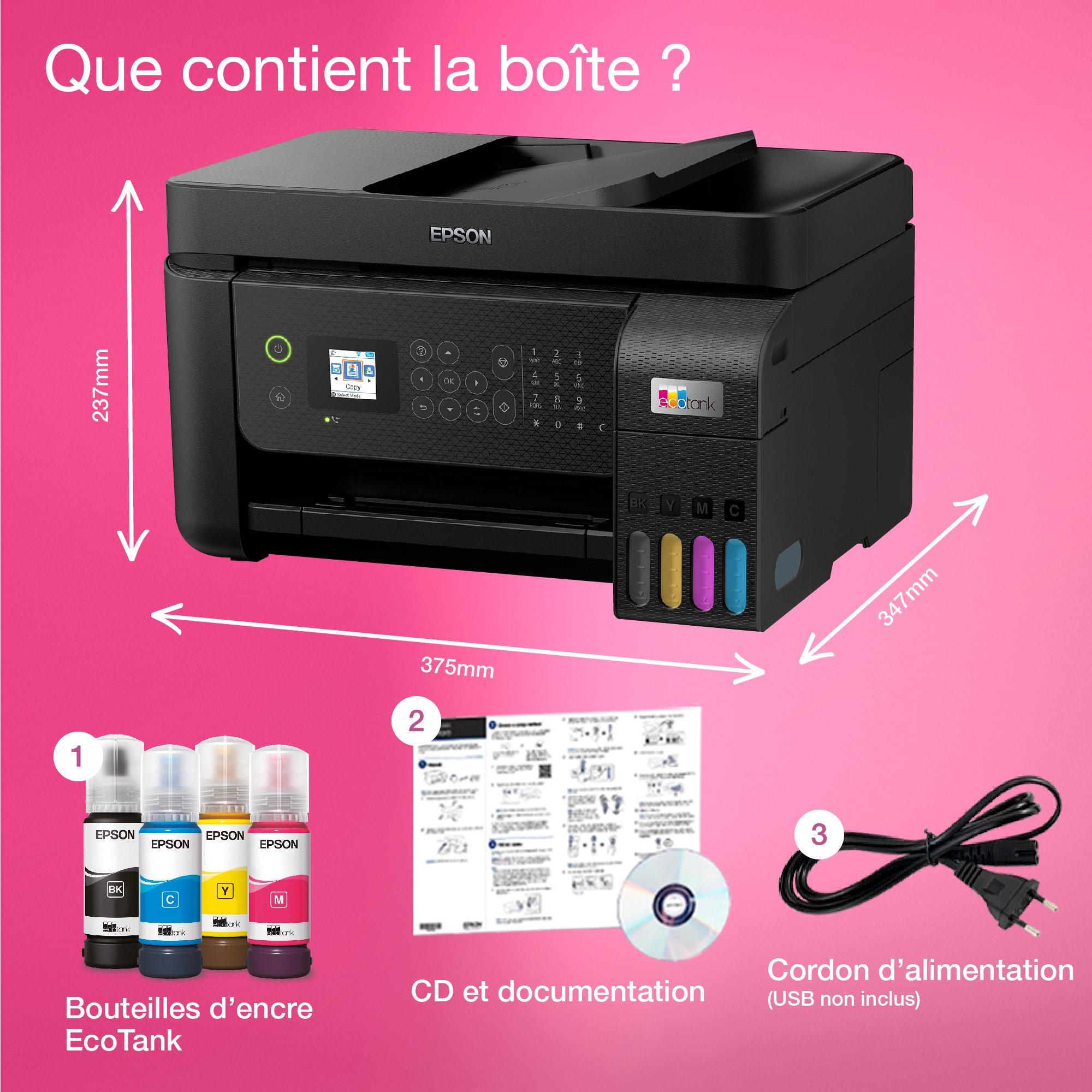 Imprimante multifonction A4 Wi-Fi EcoTank ET-4800 équipée de réservoirs d’encre, avec jusqu’à 3 ans d’encre inclus whats in the box