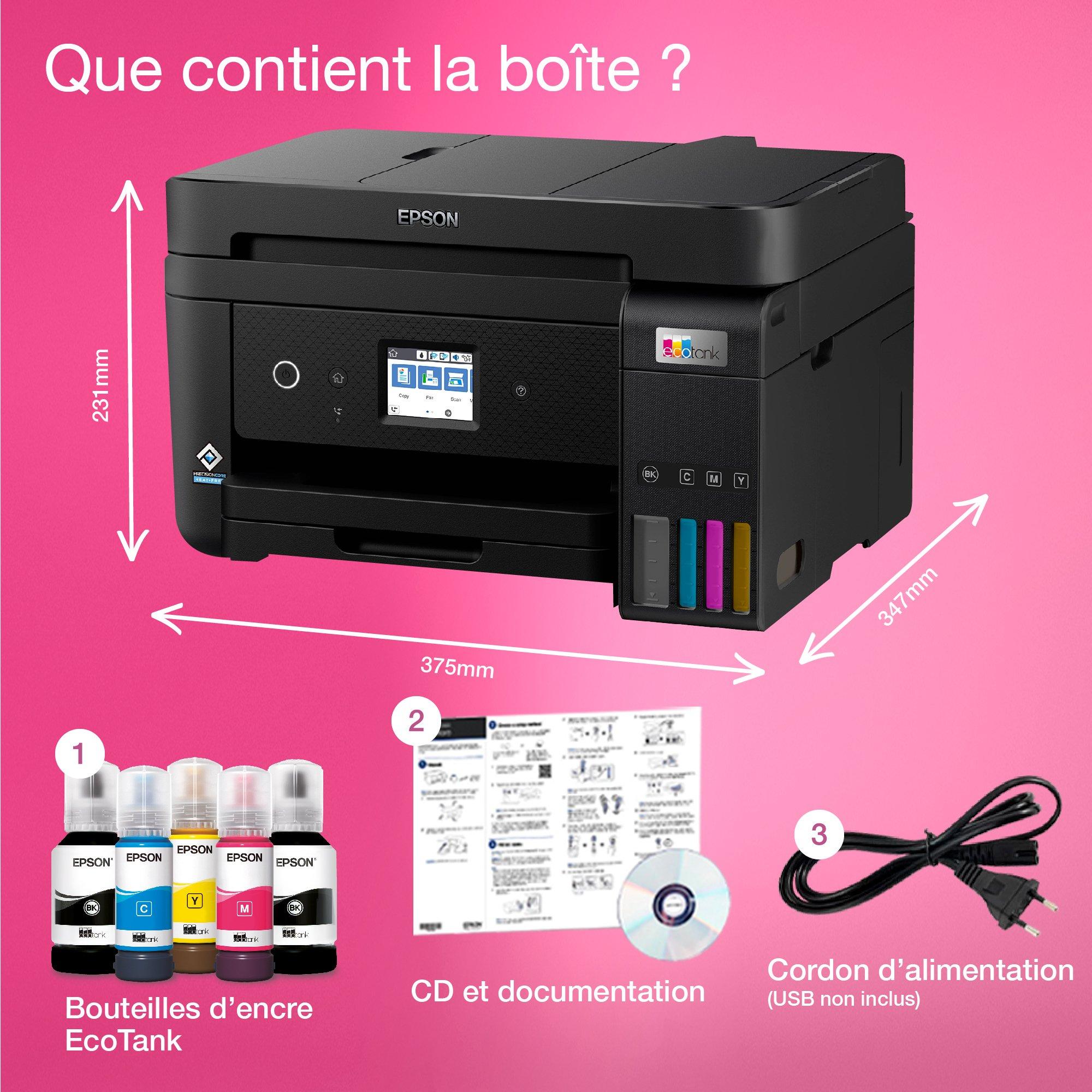 Imprimante multifonction A4 Wi-Fi EcoTank ET-4850 équipée de réservoirs d’encre, avec jusqu’à 3 ans d’encre inclus whats in the box