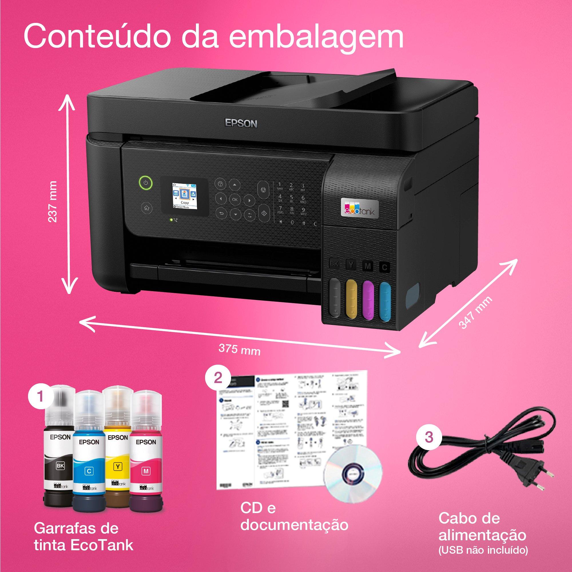 Impressora com tanque de tinta Wi-Fi multifunções EcoTank ET‑4800 A4, com até 3 anos de tinta incluída whats in the box