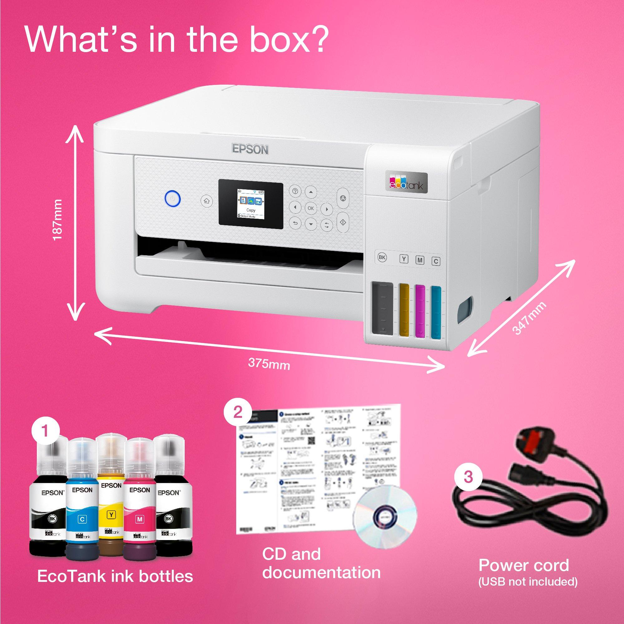 EcoTank ET-2856 A4 Multifunction Wi-Fi Ink Tank Printer, With Up To 3 Years Of Ink Included* whats in the box