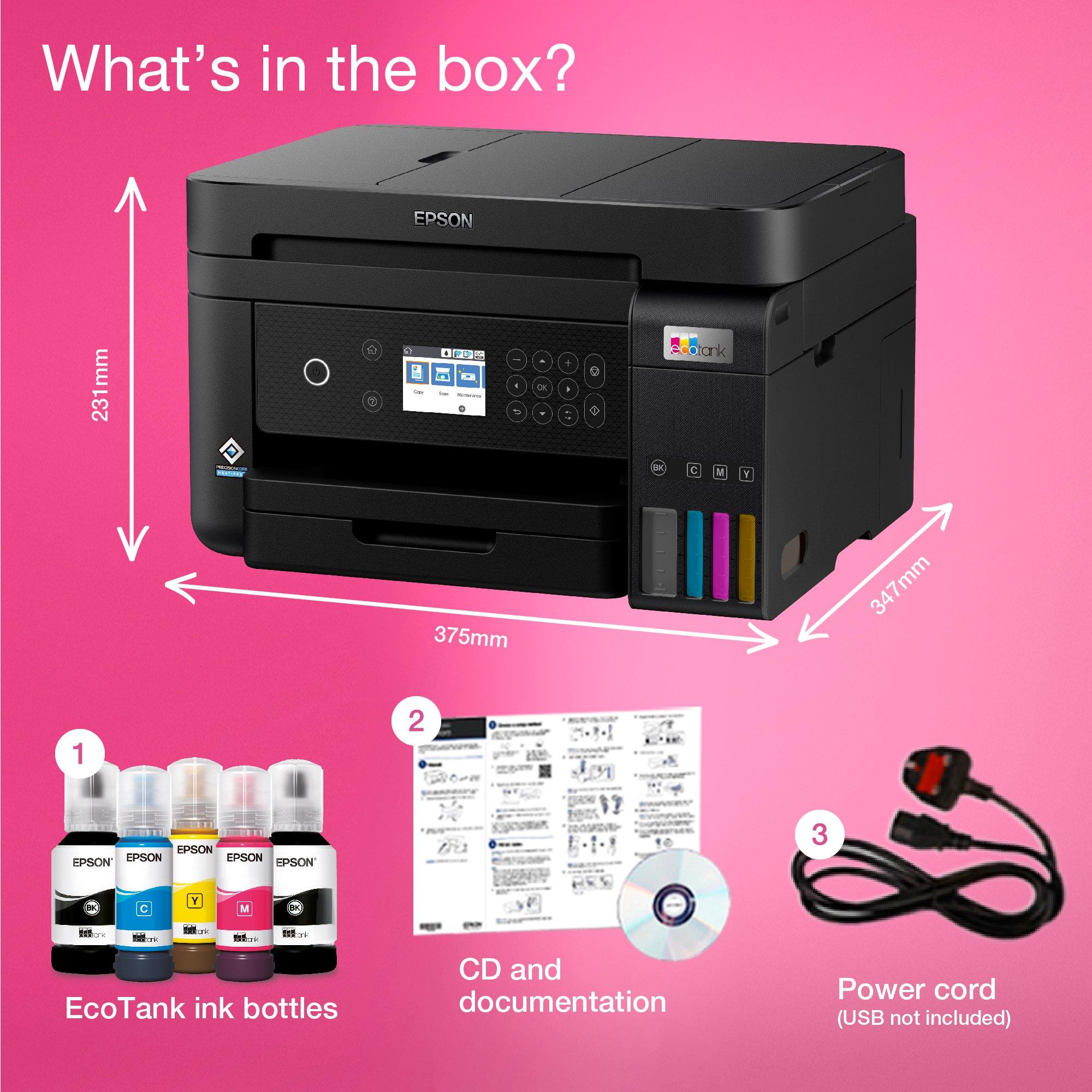 EcoTank ET-3850 A4 Multifunction Wi-Fi Ink Tank Printer, With Up To 3 Years Of Ink Included* whats in the box