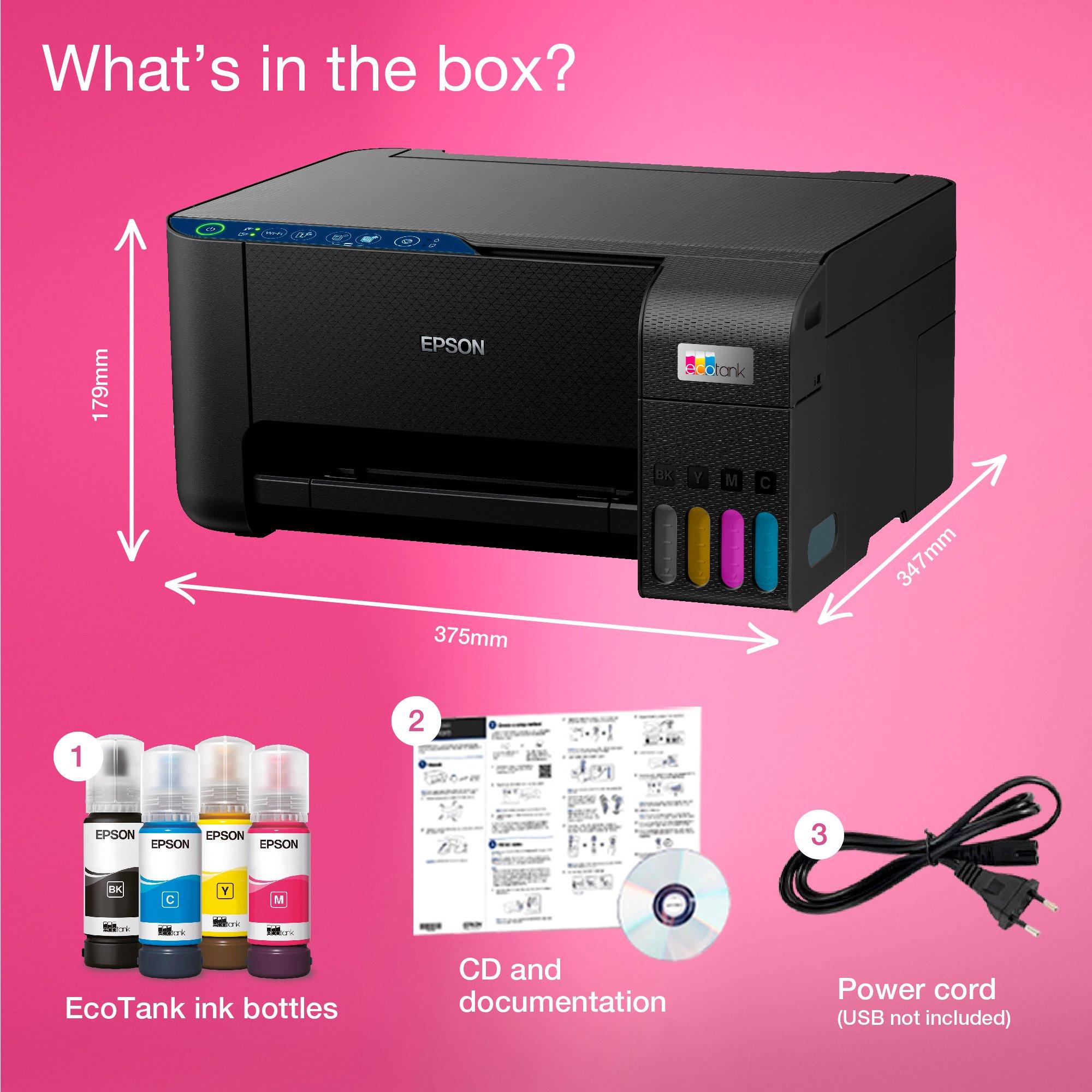 EcoTank ET-2811 A4 Multifunction Wi-Fi Ink Tank Printer, With Up To 3 Years Of Ink Included* whats in the box