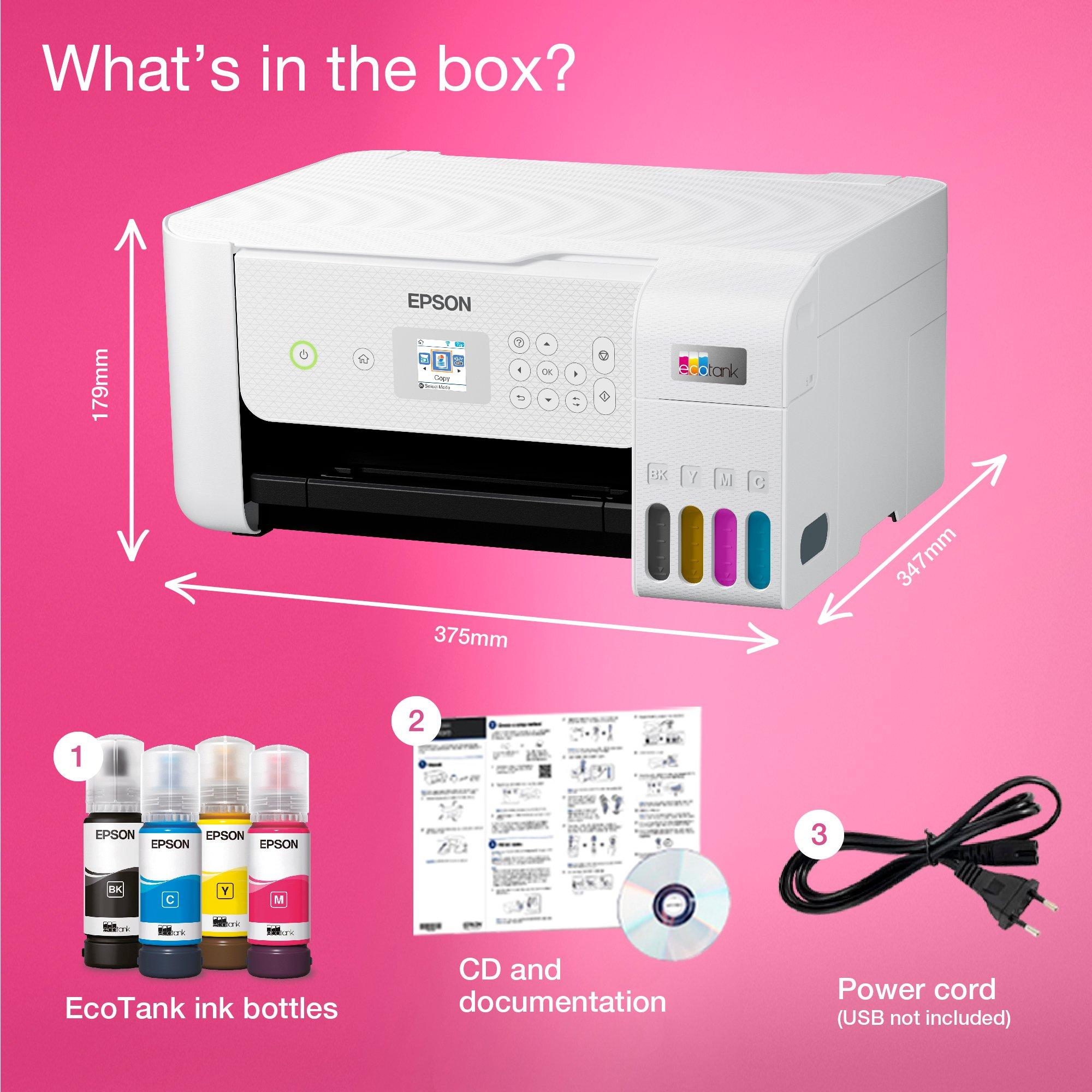 EcoTank ET-2826 A4 Multifunction Wi-Fi Ink Tank Printer, With Up To 3 Years Of Ink Included* whats in the box