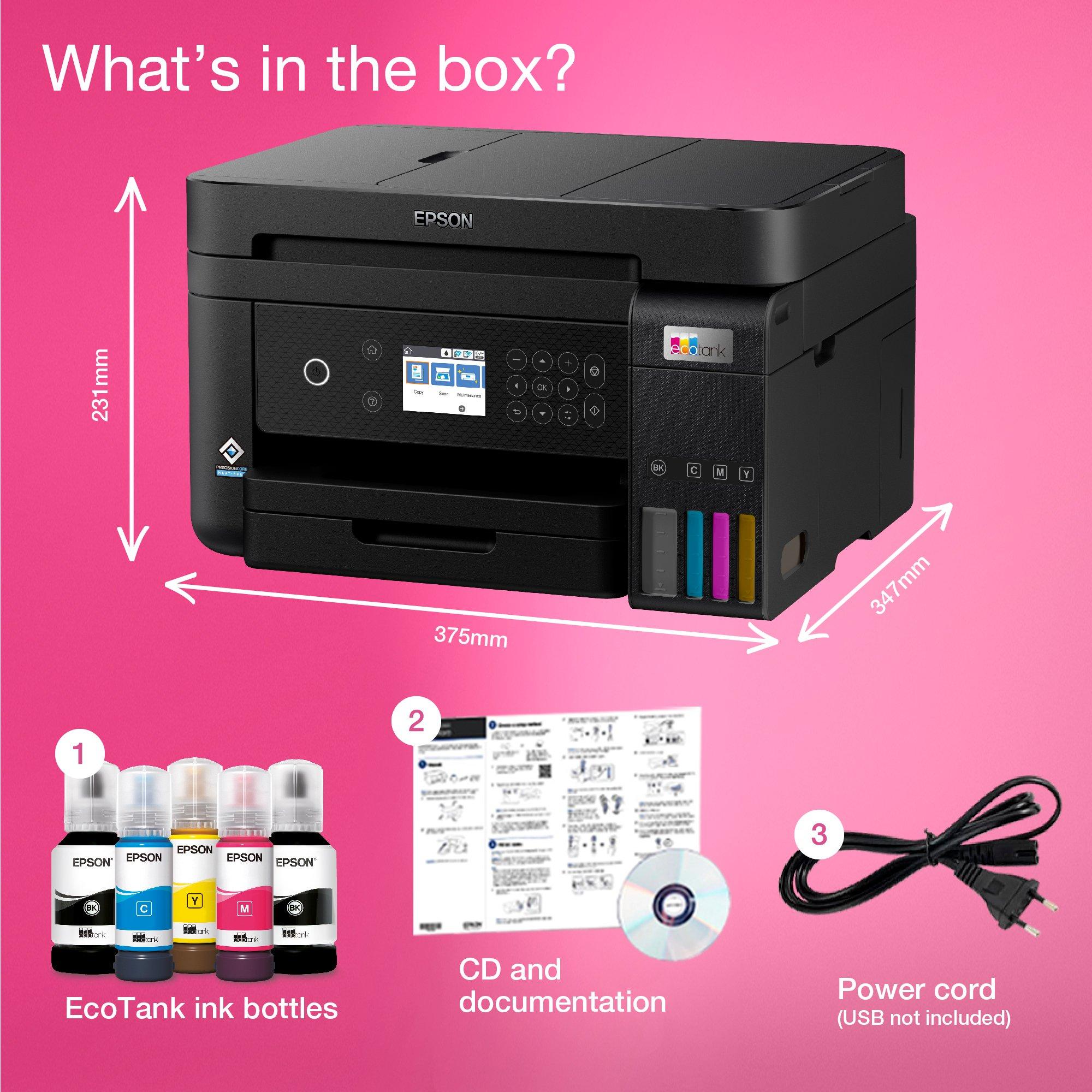 EcoTank ET-3850 A4 Multifunction Wi-Fi Ink Tank Printer, With Up To 3 Years Of Ink Included* whats in the box