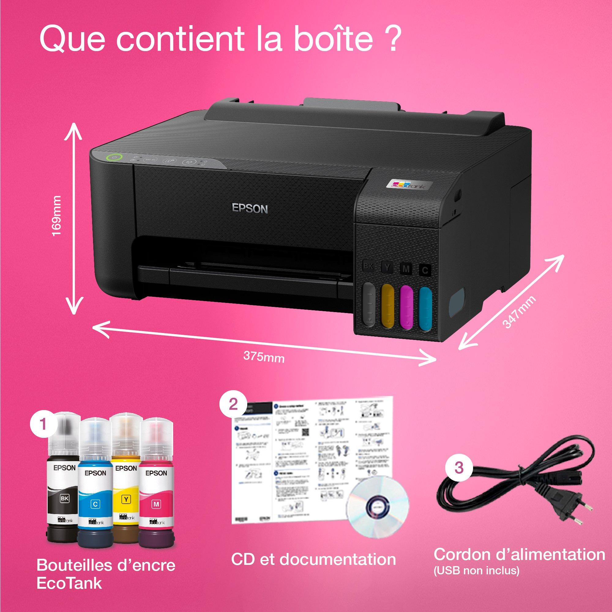 Imprimante A4 Wi-Fi EcoTank ET-1810 équipée de réservoirs d’encre, avec jusqu’à 3 ans d’encre inclus whats in the box