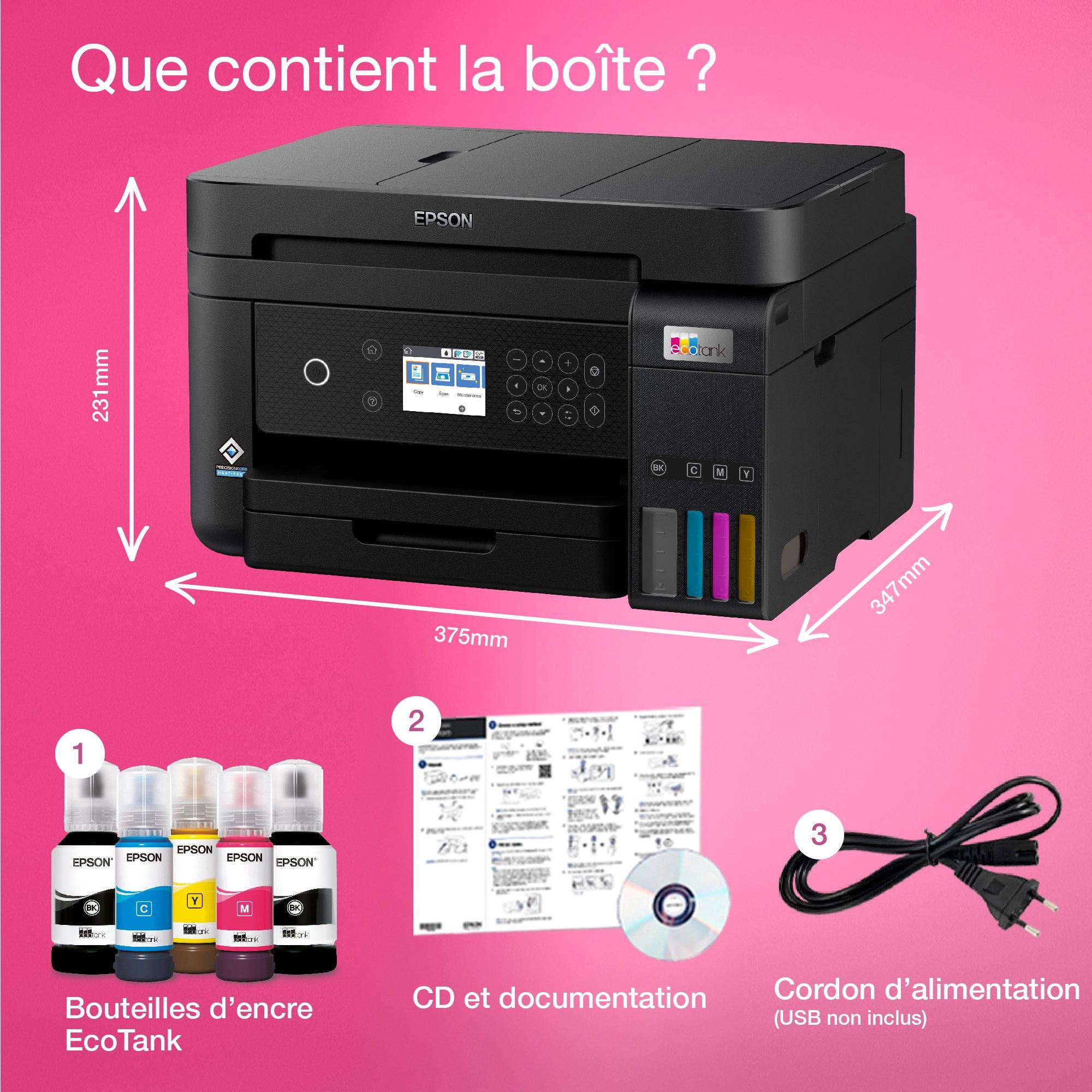 Imprimante multifonction A4 Wi-Fi EcoTank ET-3850 équipée de réservoirs d’encre, avec jusqu’à 3 ans d’encre inclus whats in the box