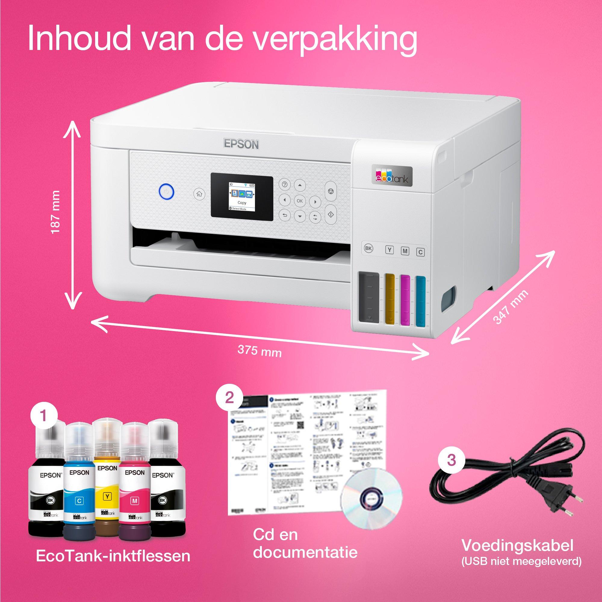 EcoTank ET-2856 multifunctionele A4 Wi-Fi-printer met inkttank, inclusief tot 3 jaar inkt whats in the box