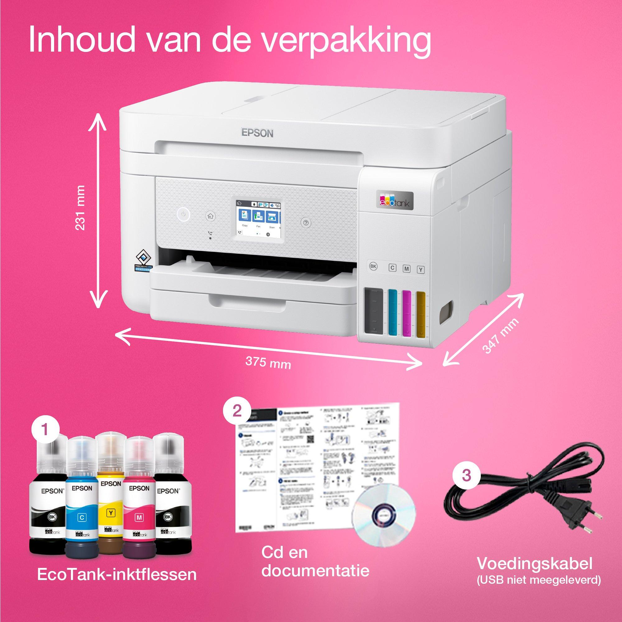 EcoTank ET-4856 multifunctionele A4 Wi-Fi-printer met inkttank, inclusief tot 3 jaar inkt whats in the box
