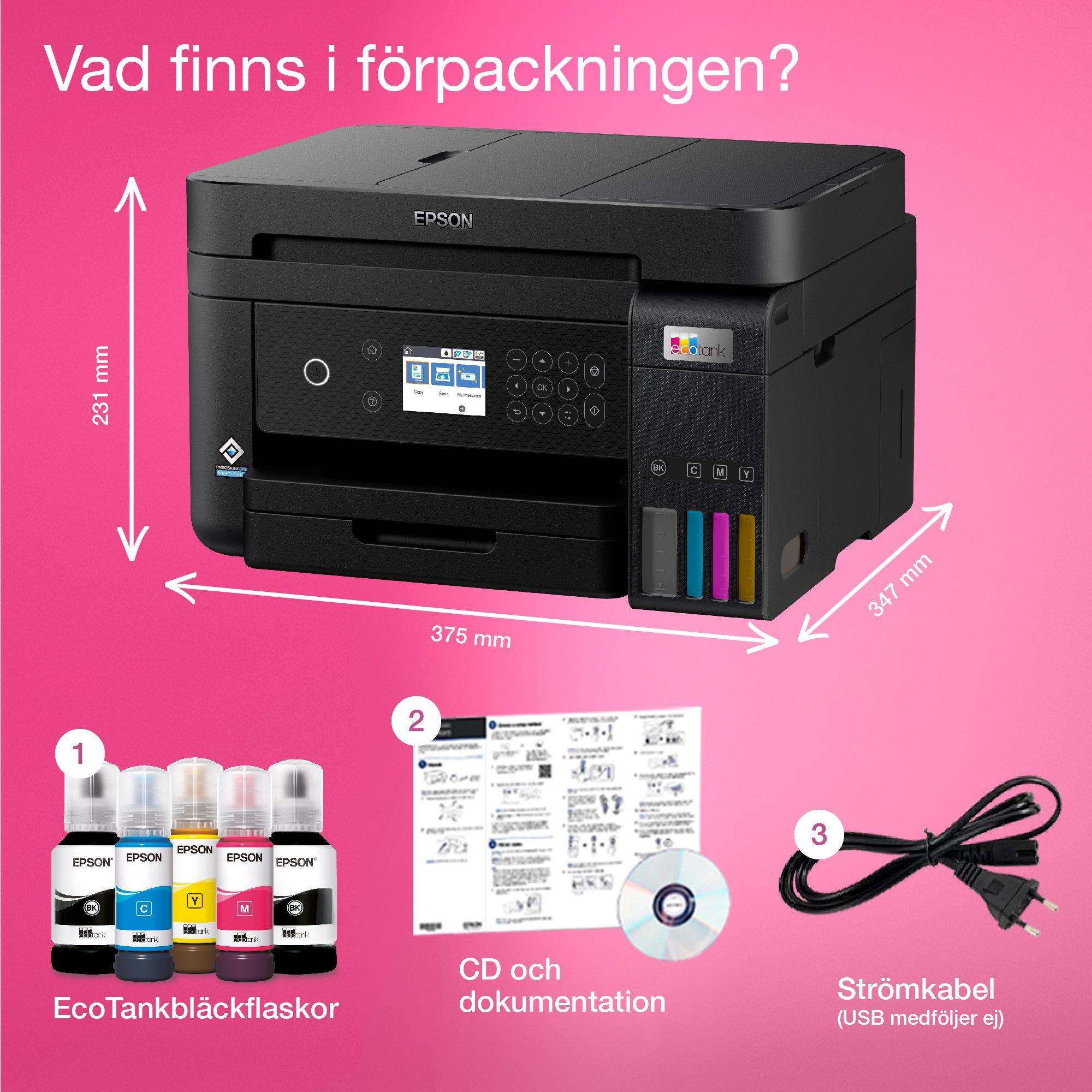 EcoTank ET-3850 A4-multifunktionsskrivare med Wi-Fi och bläckbehållare. Bläck för upp till tre års användning ingår whats in the box