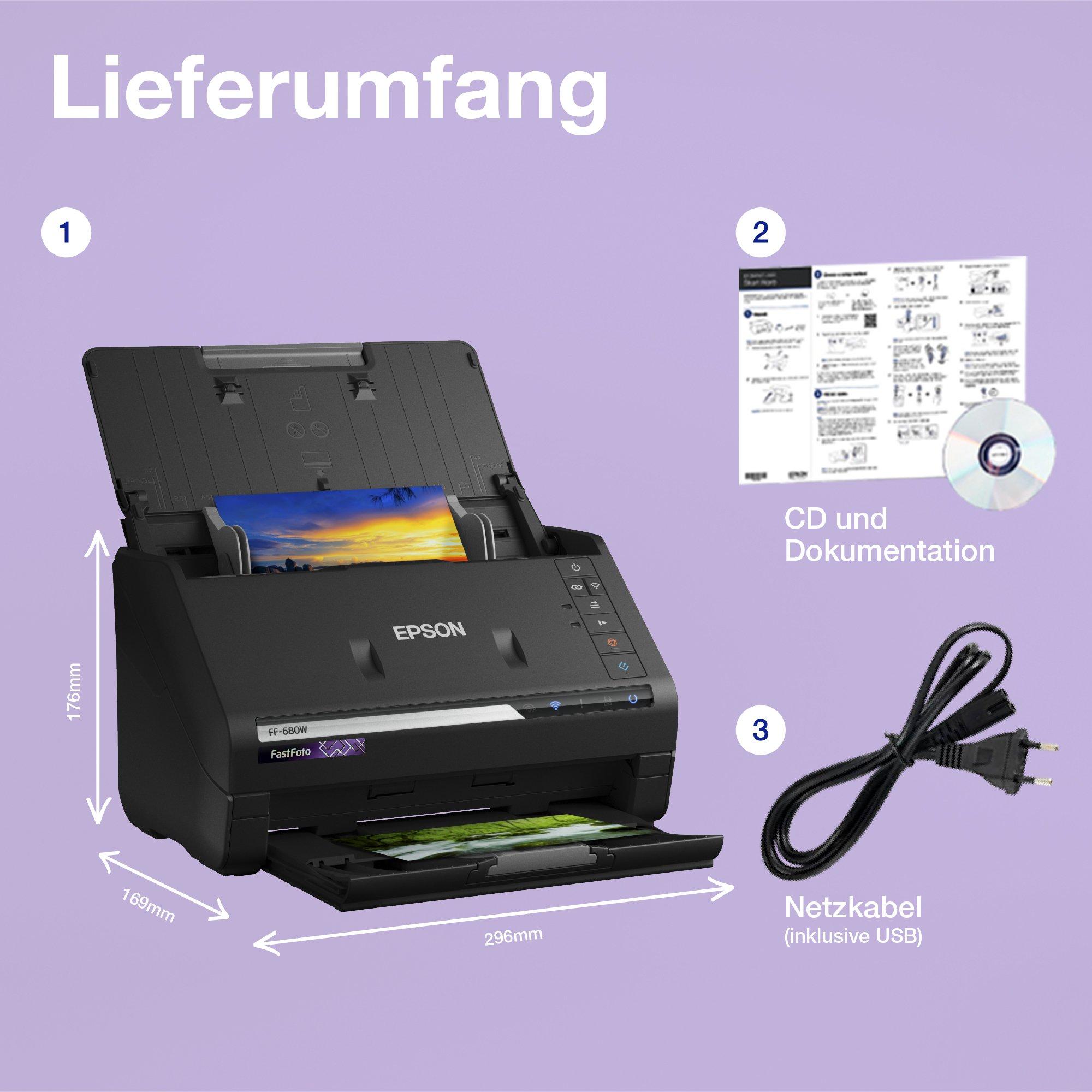 FastFoto FF-680W: schneller A4 Auto-Feeder-Fotoscanner mit WLAN-Schnittstelle whats in the box