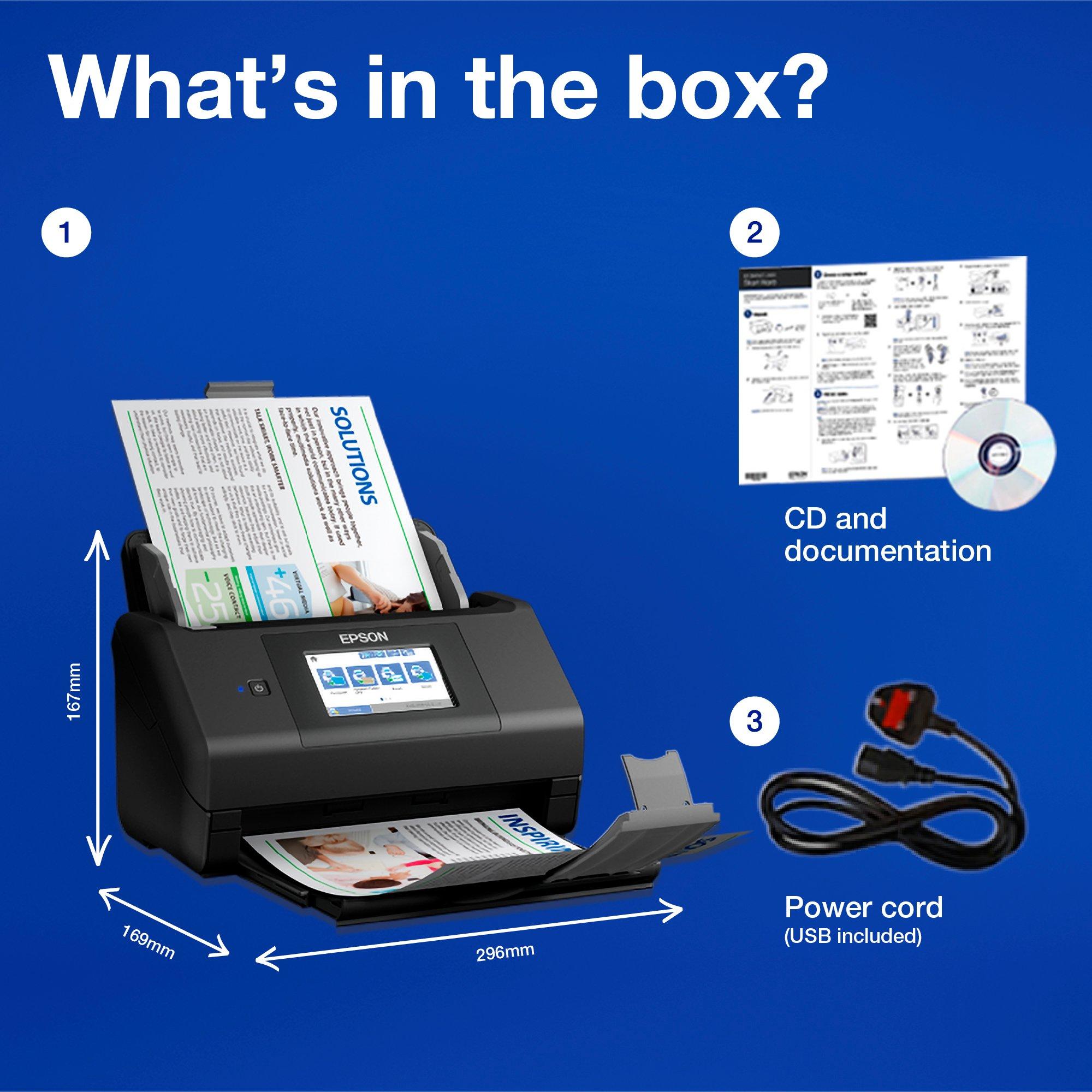 WorkForce ES-580W A4 auto-duplex scanner with Wi-Fi and easy-to-use touchscreen whats in the box