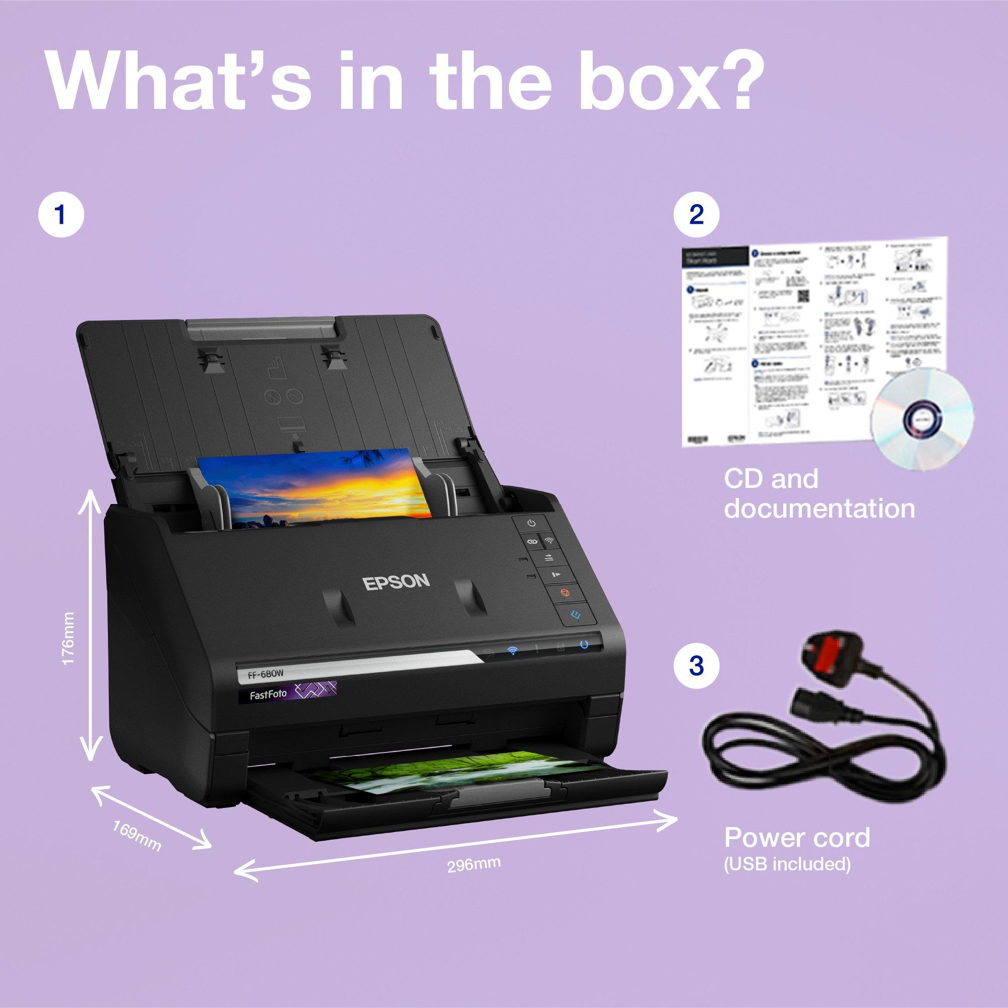 FastFoto FF-680W A4 fast, auto-feeder photo scanner with Wi-Fi connectivity whats in the box