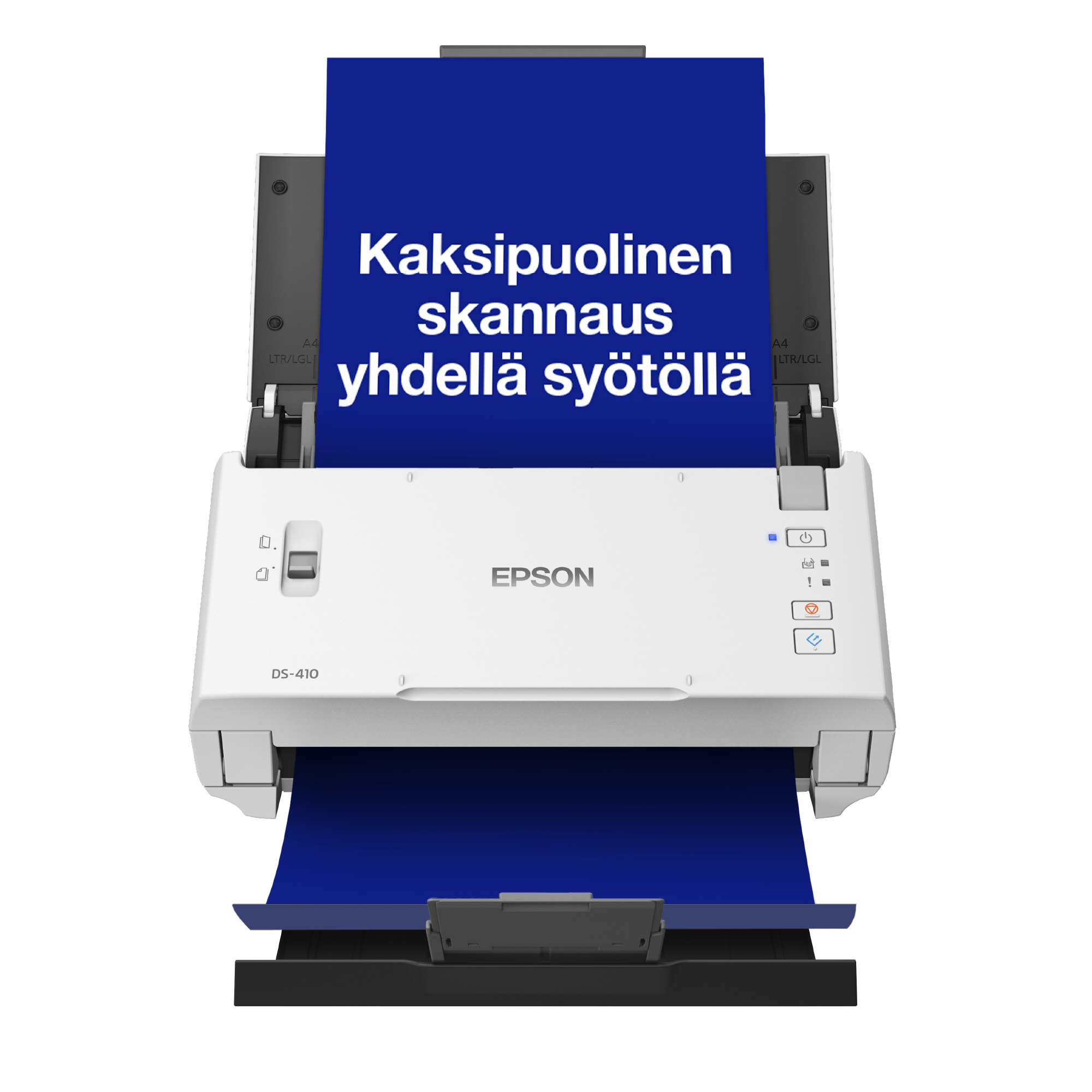 Pienikokoinen WorkForce DS-410 A4 -yritysskanneri, jossa on 50 arkin automaattinen arkinsyöttölaite ja Epsonin Document Capture Pro -ohjelmisto