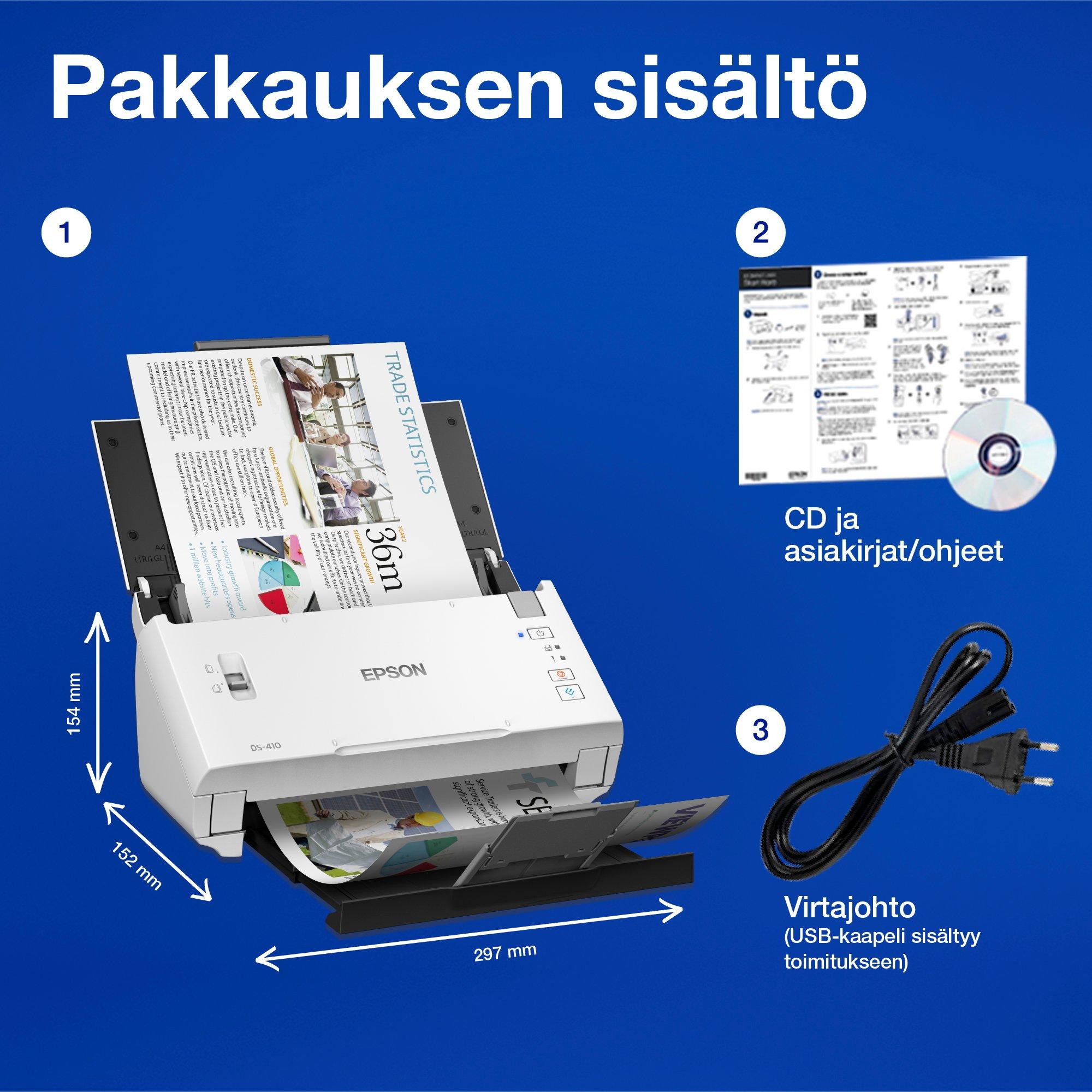 Pienikokoinen WorkForce DS-410 A4 -yritysskanneri, jossa on 50 arkin automaattinen arkinsyöttölaite ja Epsonin Document Capture Pro -ohjelmisto whats in the box
