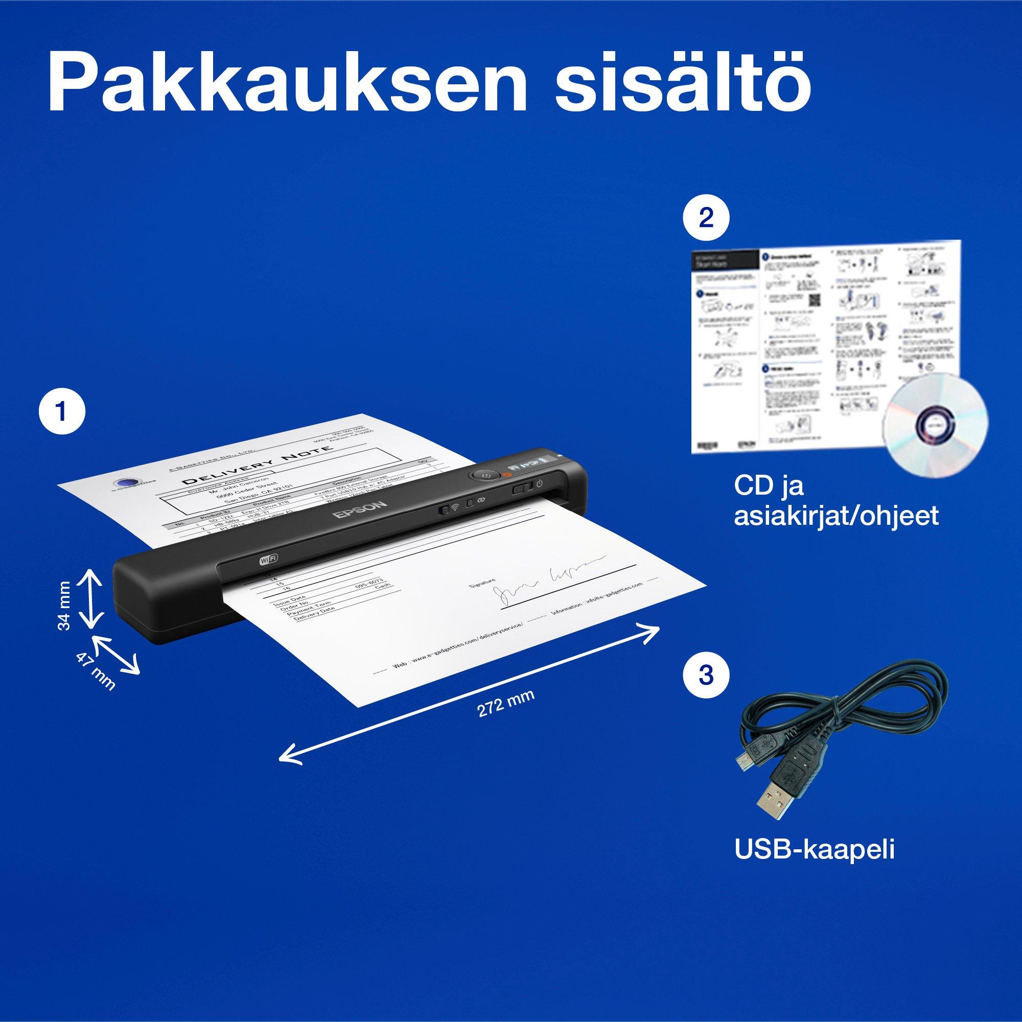 Nopea langaton WorkForce ES-60W A4 -mobiiliskanneri, jossa on Wi-Fi-yhteys, Epson ScanSmart -tekniikka ja LCD-paneeli whats in the box