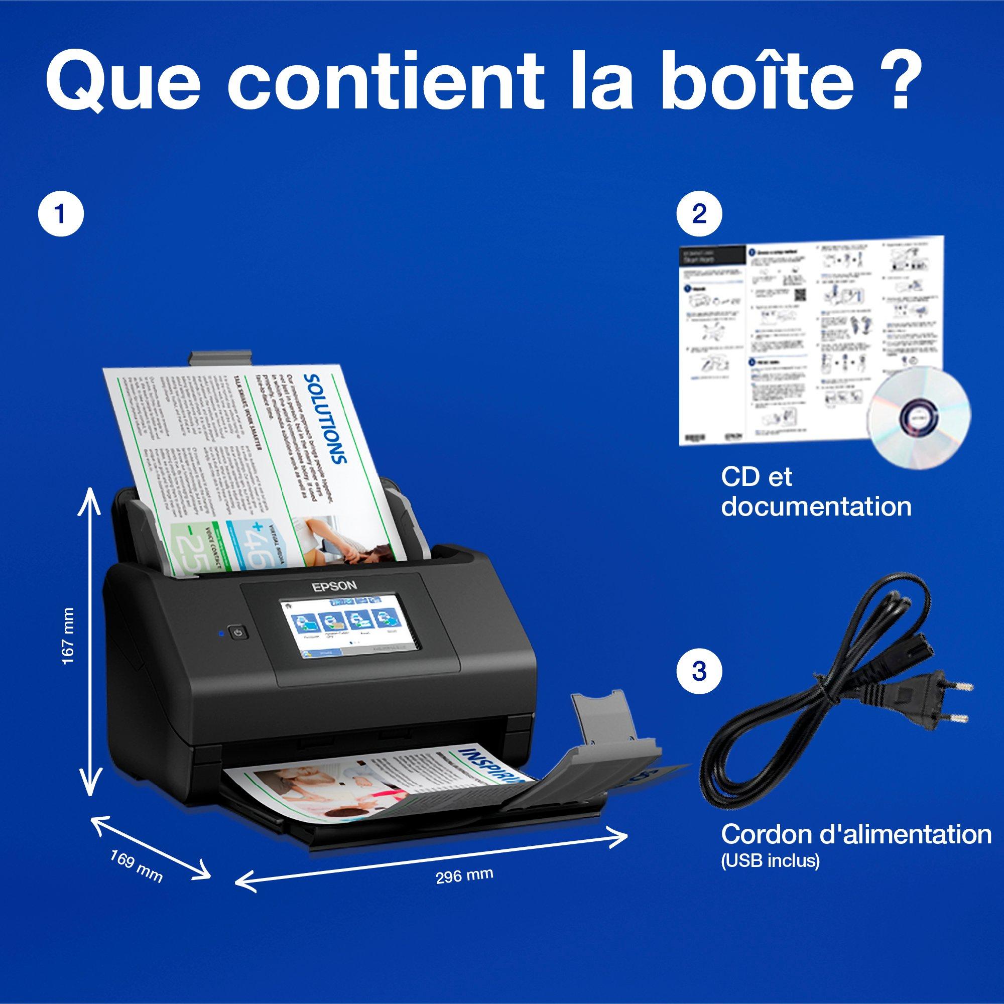 Scanner à défilement recto verso A4 WorkForce ES-580W avec Wi-Fi et écran tactile facile à utiliser whats in the box