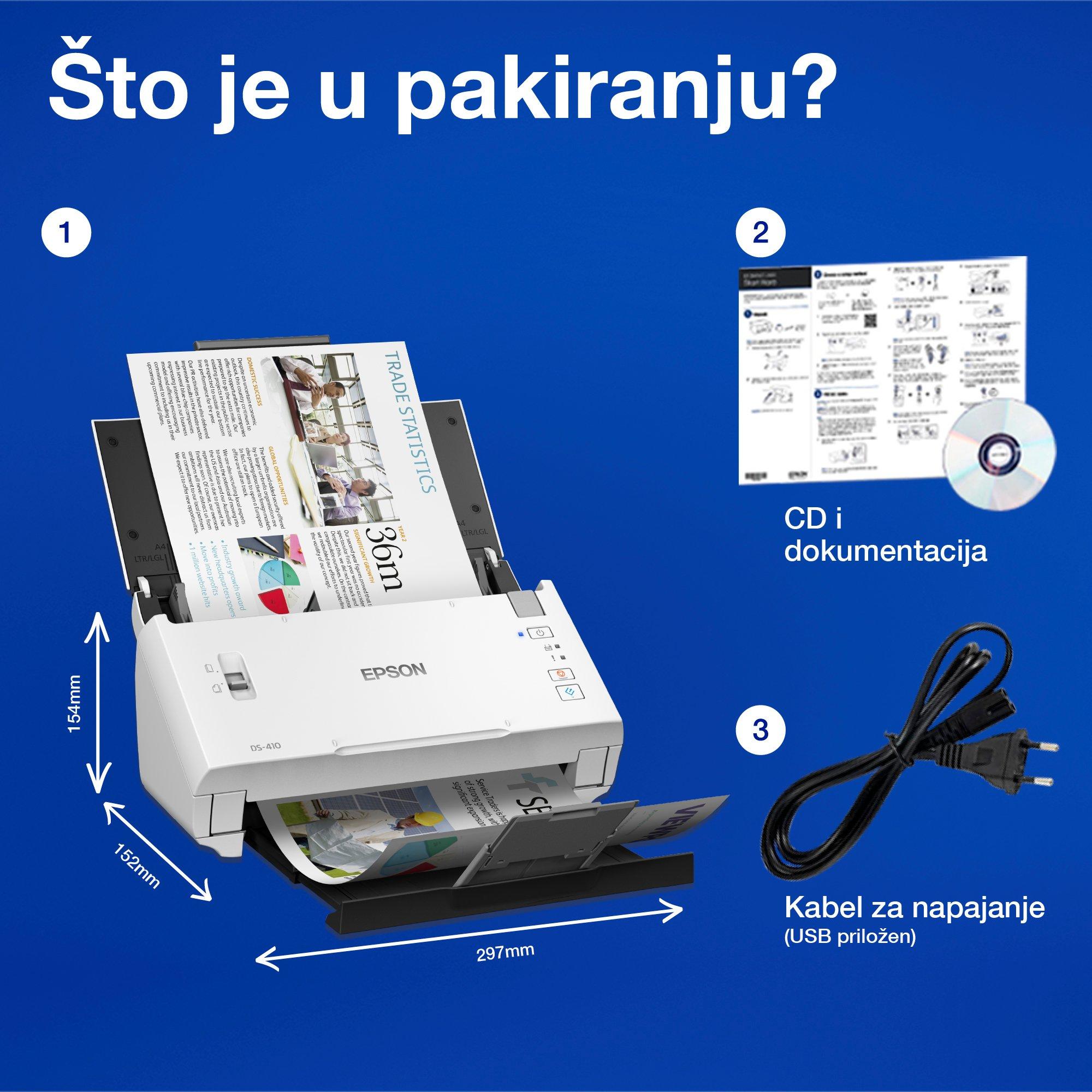 Kompaktni poslovni skener s automatskim posluživanjem listova WorkForce DS-410 A4 s ADF-om za 50 listova i Epsonovim softverom Document Capture Pro whats in the box