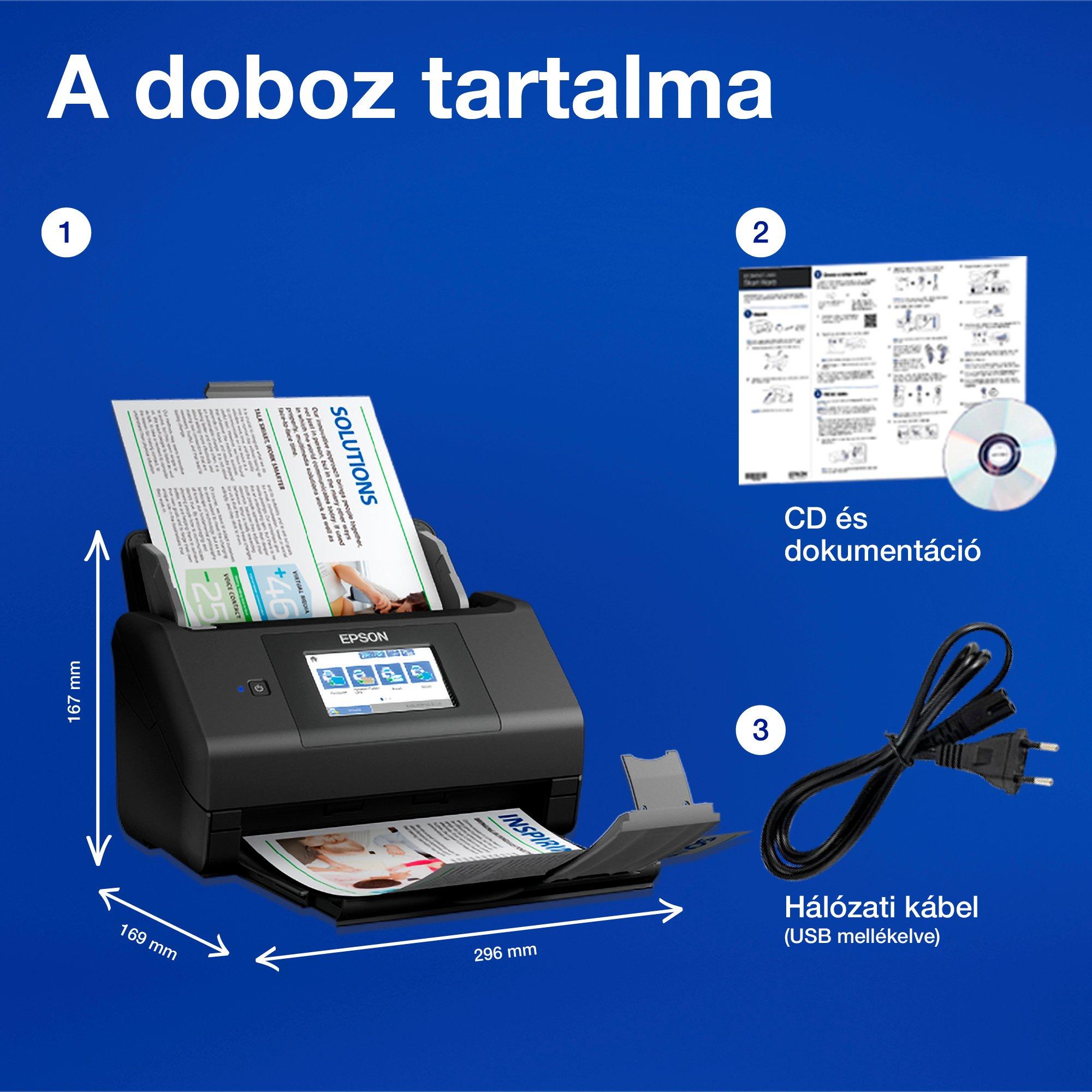 WorkForce ES-580W A4-es automata kétoldalas szkenner Wi-Fi funkcióval és egyszerűen használható érintőképernyővel whats in the box
