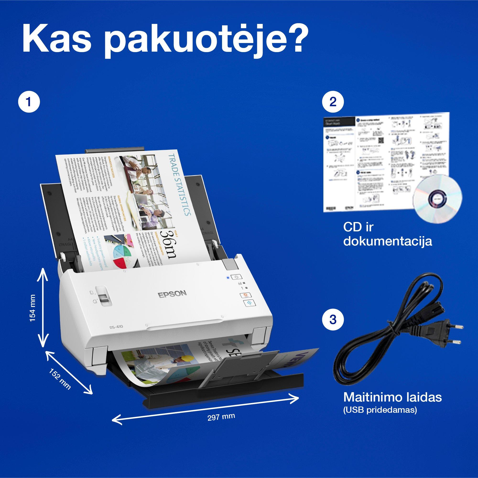 Įmonėms skirtas kompaktiškas A4 formato skaitytuvas „WorkForce“ DS-410 su 50 lapų ADT ir „Epson Document Capture Pro“ programa. whats in the box