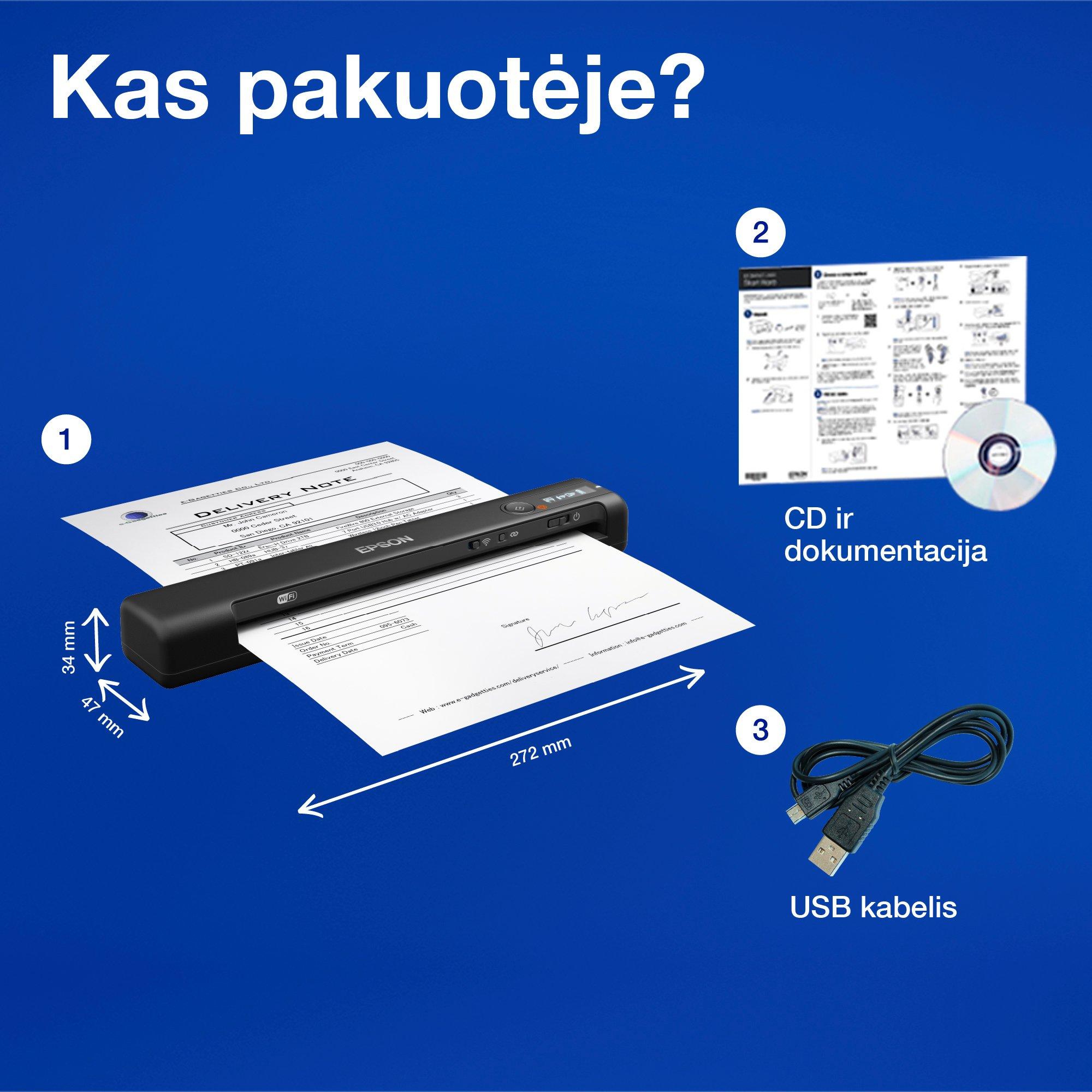 „WorkForce“ ES-60W A4 formato spartus belaidis mobilusis skaitytuvas su „Wi-Fi“ ryšiu, „Epson ScanSmart“ technologija ir LCD ekranu whats in the box