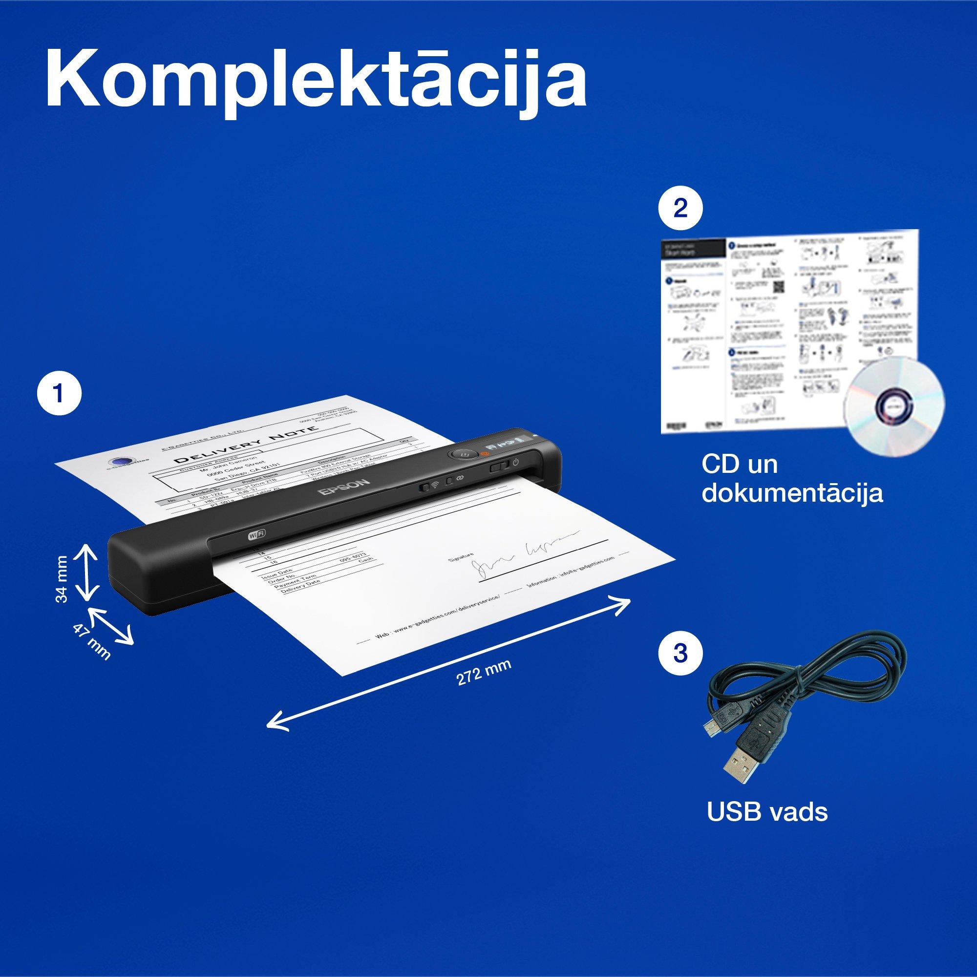 WorkForce ES-60W A4 formāta dokumentu ātrais bezvadu mobilais skeneris ar Wi-Fi savienojumu, Epson ScanSmart tehnoloģiju un LCD paneli whats in the box