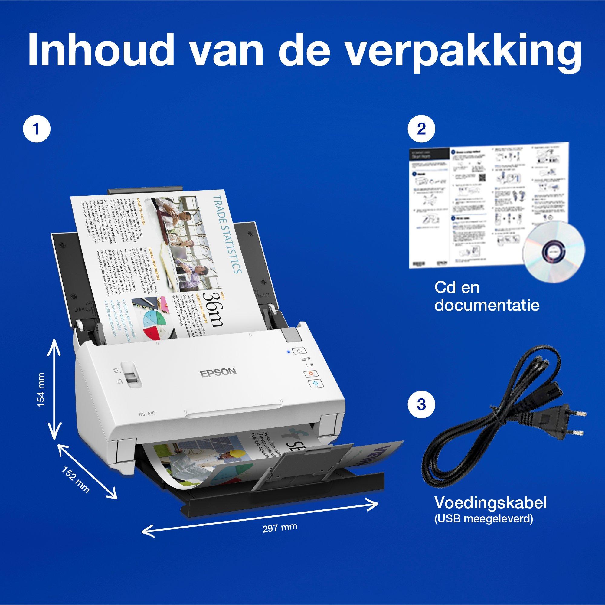 De WorkForce DS-410 compacte zakelijke sheet-fed A4-scanner met automatische documentinvoer voor 50 vellen en Epson Document Capture Pro-software whats in the box