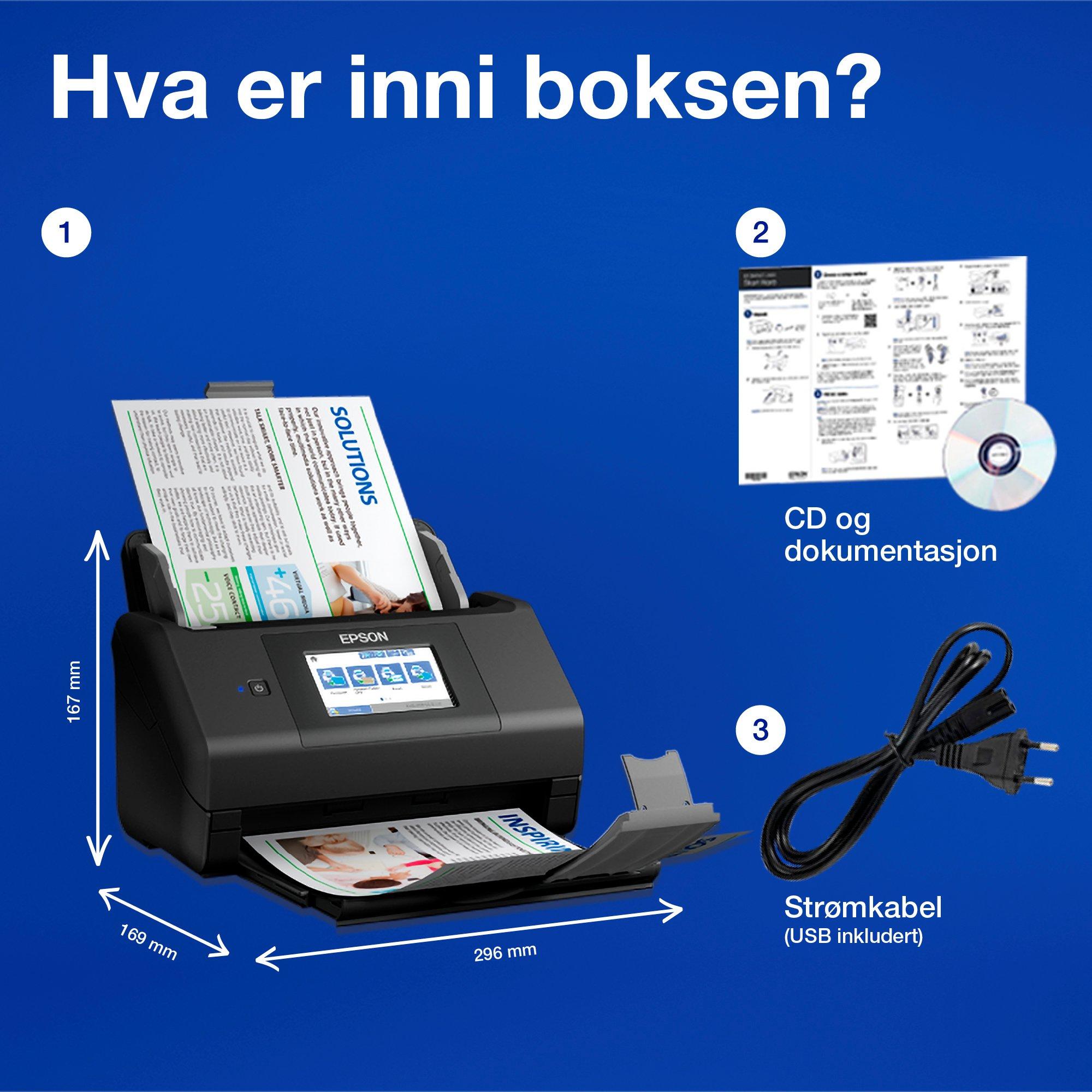 WorkForce ES-580W A4 automatisk tosidig skanner med Wi-Fi og brukervennlig berøringsskjerm whats in the box