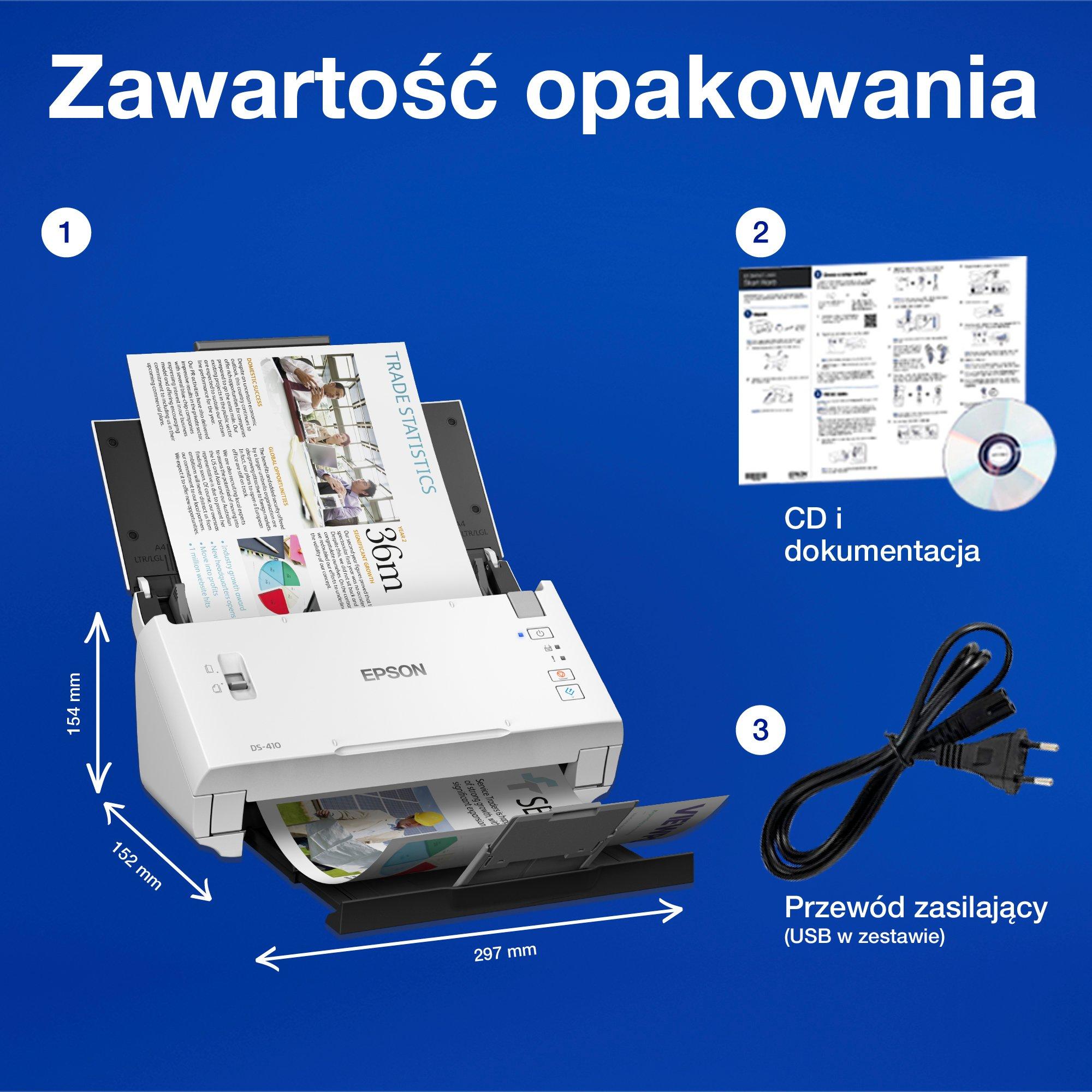 Kompaktowy skaner biznesowy A4 WorkForce DS-410 z automatycznym podajnikiem dokumentów na 50 arkuszy i oprogramowaniem Document Capture Pro firmy Epson whats in the box