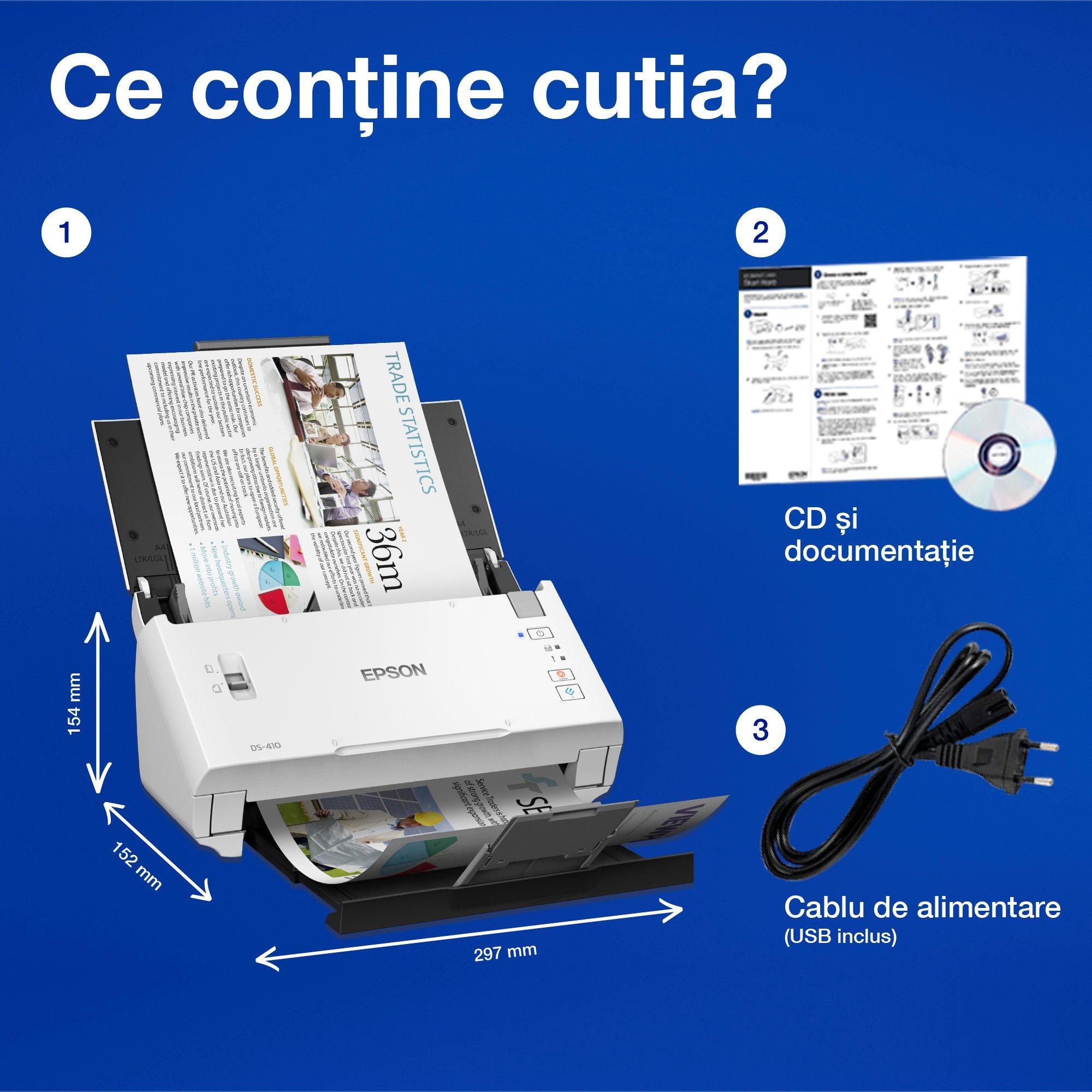 WorkForce DS-410 - Scaner business A4, compact, cu alimentare de coli, cu ADF de 50 de coli și software Epson Document Capture Pro whats in the box