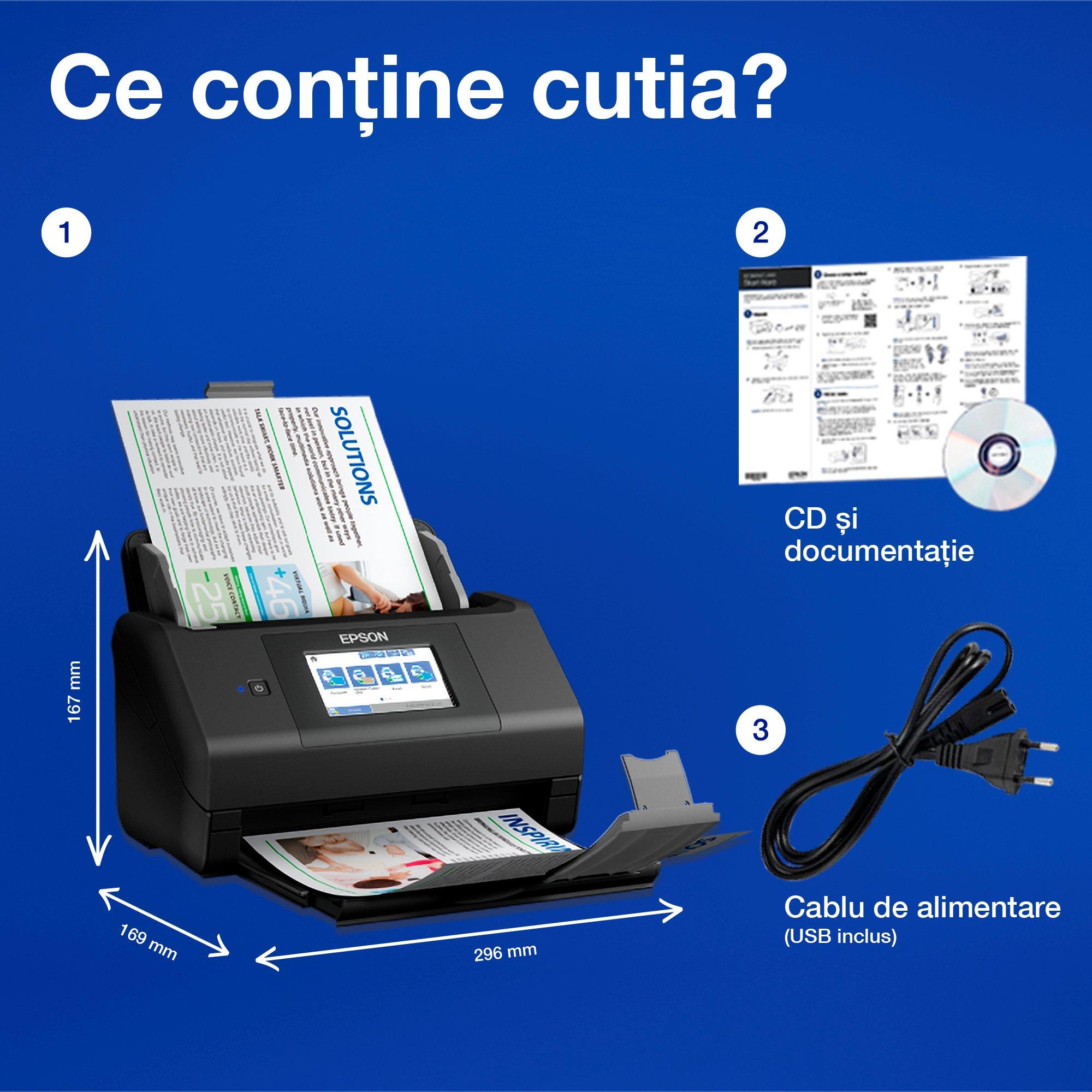WorkForce ES-580W - Scanner duplex automat, A4, cu Wi-Fi și ecran tactil ușor de utilizat whats in the box