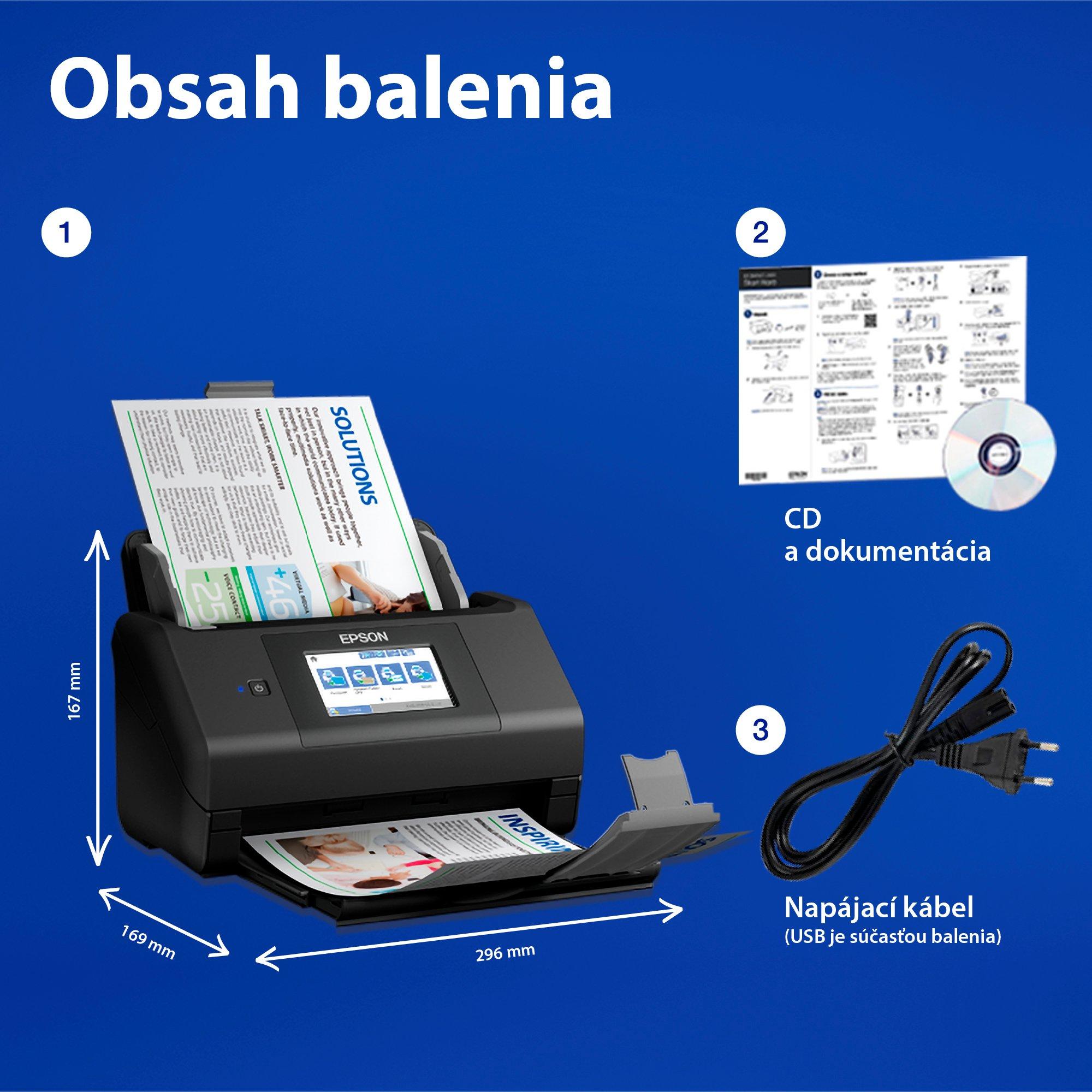 Automatický obojstranný skener WorkForce ES-580W A4 s pripojením Wi-Fi a ľahko použiteľným dotykovým displejom whats in the box