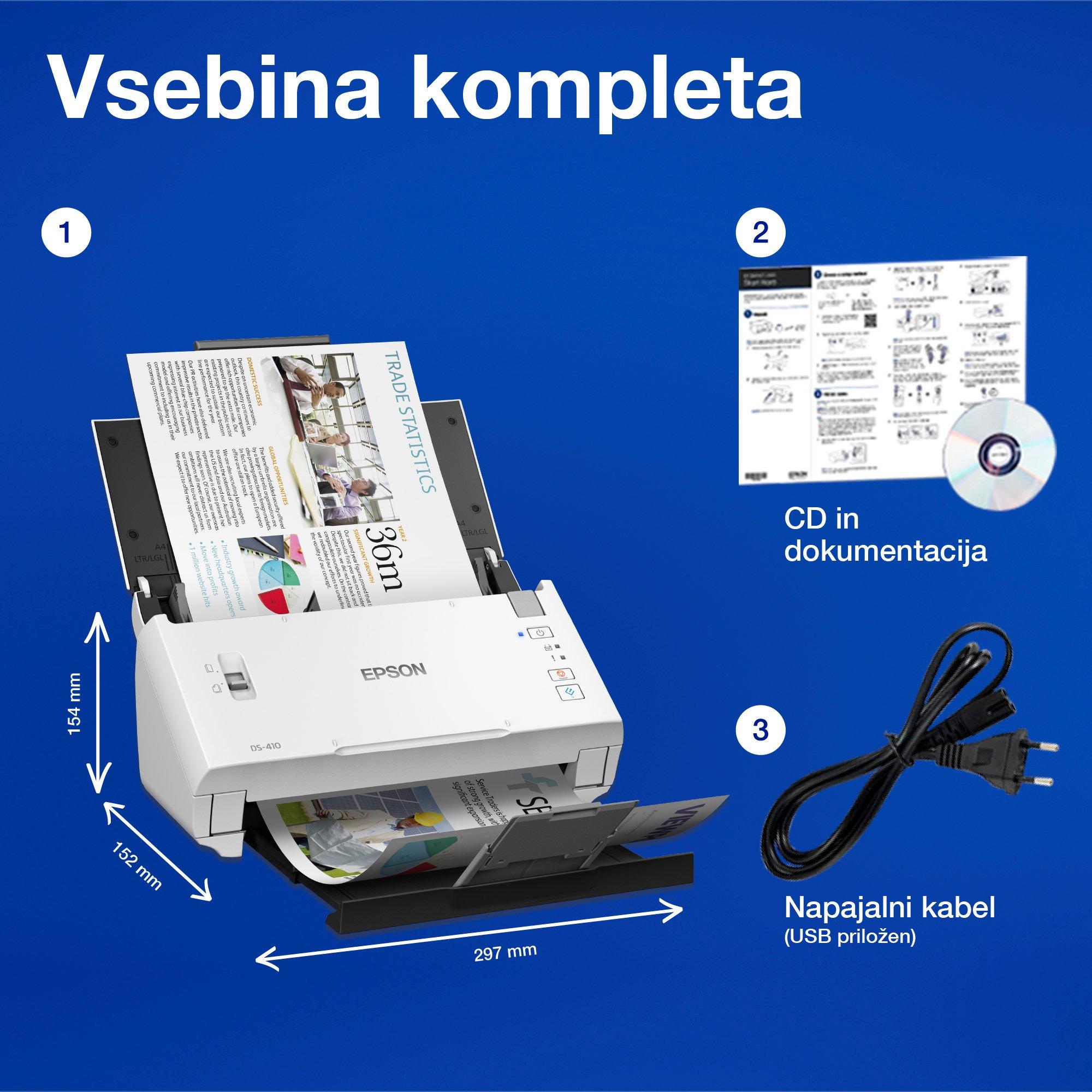 Kompakten poslovni optični bralnik WorkForce DS-410 A4 s 50-listnim samodejnim podajalnikom in Epsonovo programsko opremo Document Capture Pro whats in the box