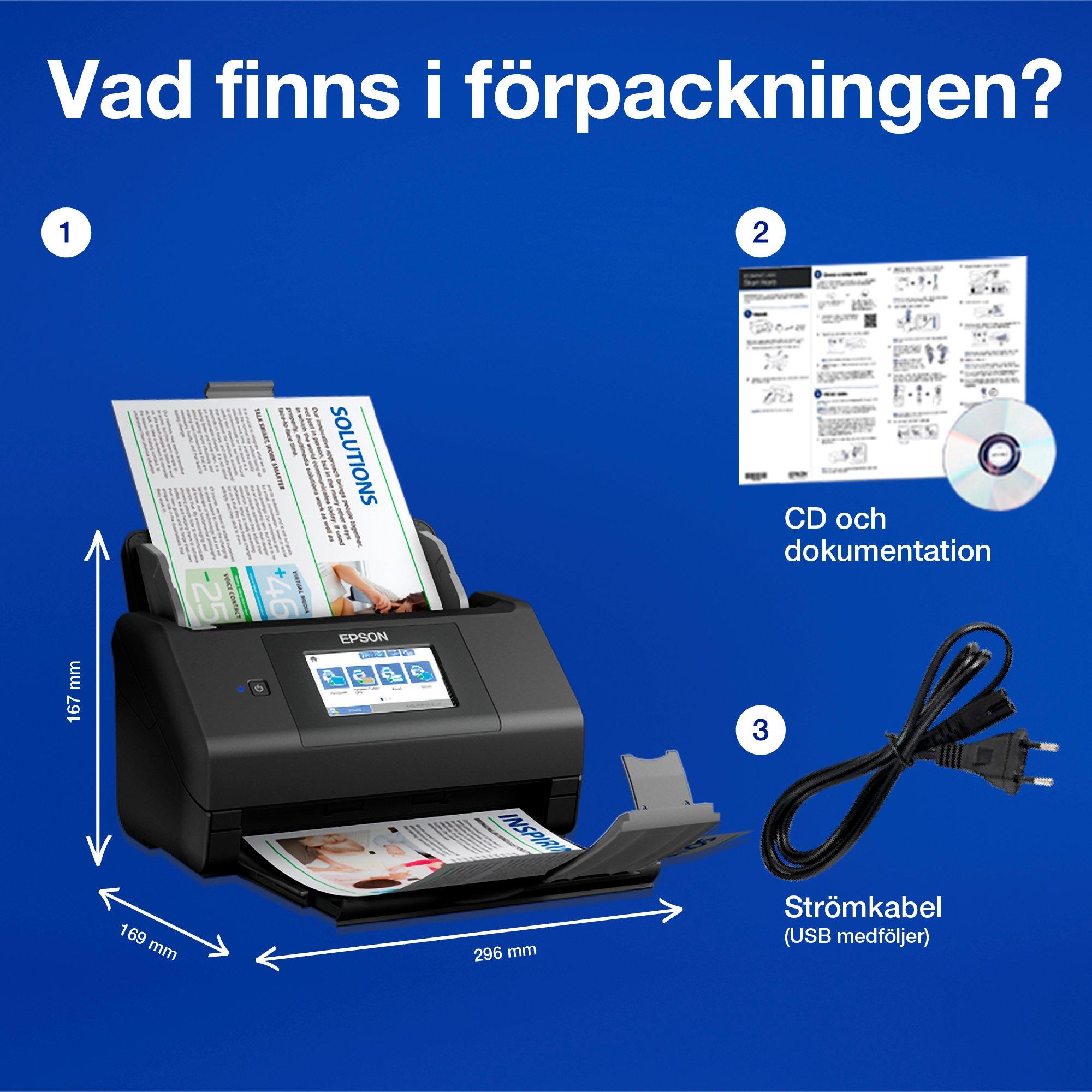 WorkForce ES-580W automatisk dubbelsidig A4-skanner med Wi-Fi och lättanvänd pekskärm whats in the box