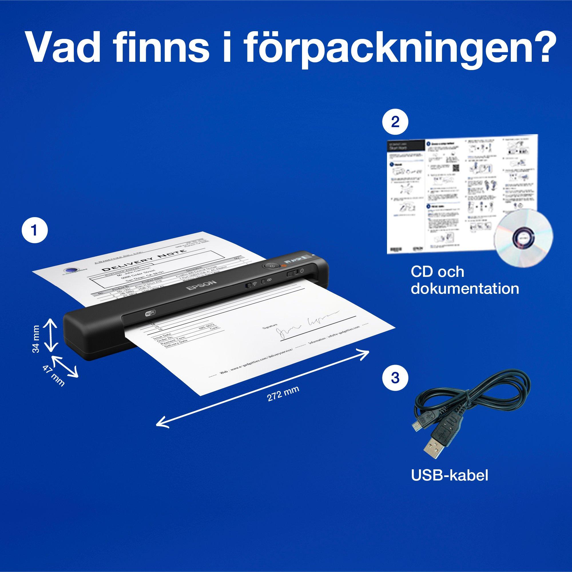 WorkForce ES-60W snabb och trådlös mobil A4-skanner med Wi-Fi-anslutning, Epson ScanSmart-teknik och LCD-panel whats in the box