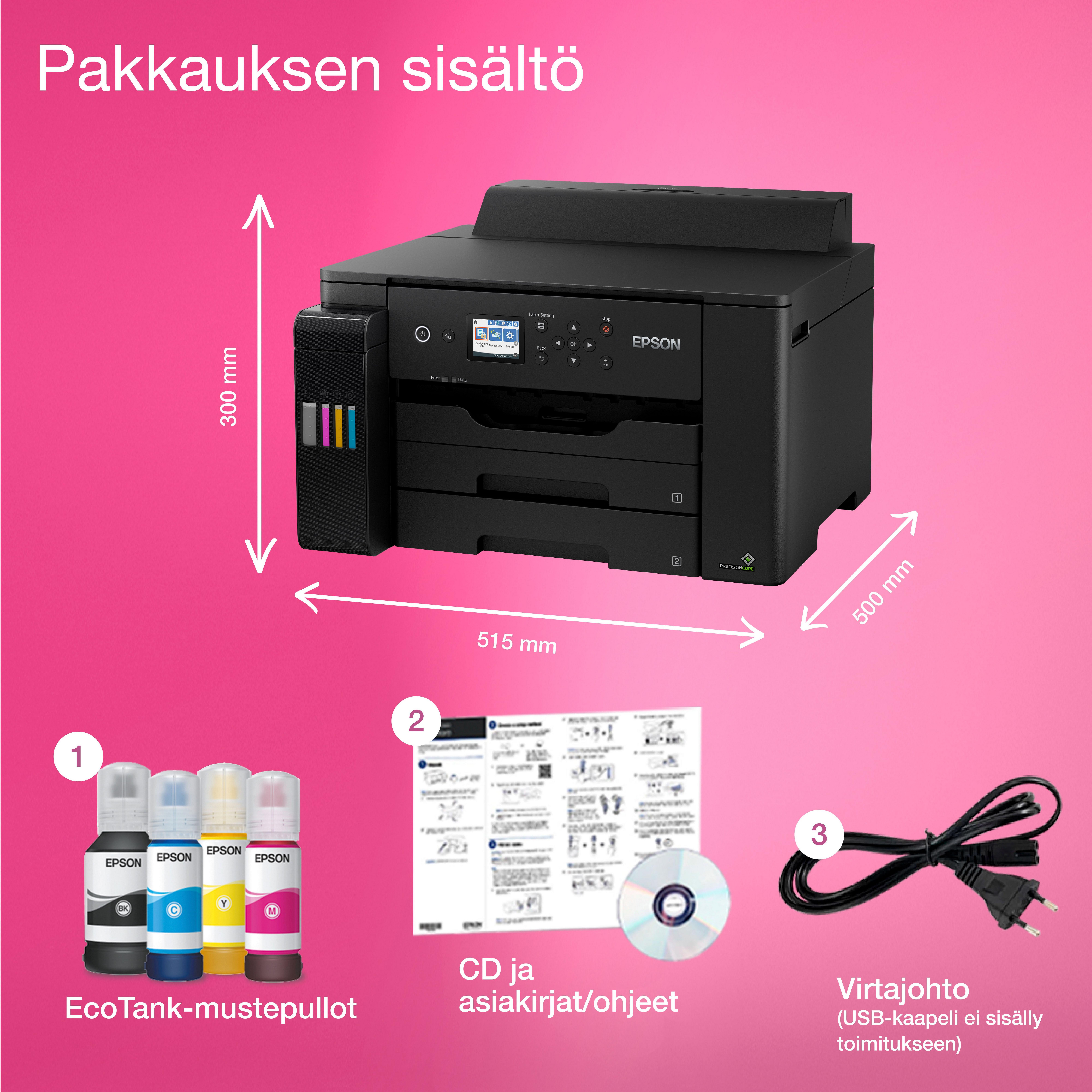 EcoTank ET-16150 A3+ -tulostin – Wi-Fi ja mustesäiliöt whats in the box