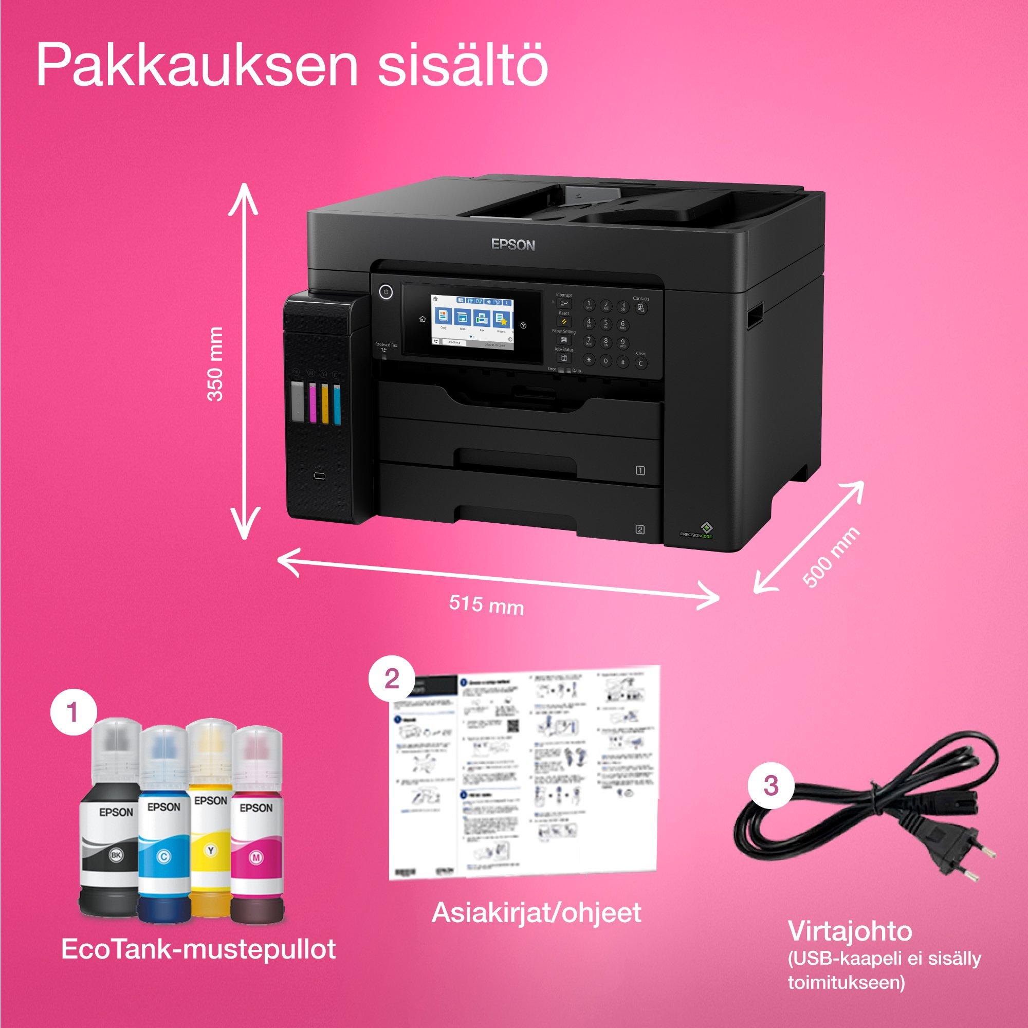 EcoTank ET-16650 A3+ -monitoimitulostin – Wi-Fi, mustesäiliöt ja faksi whats in the box