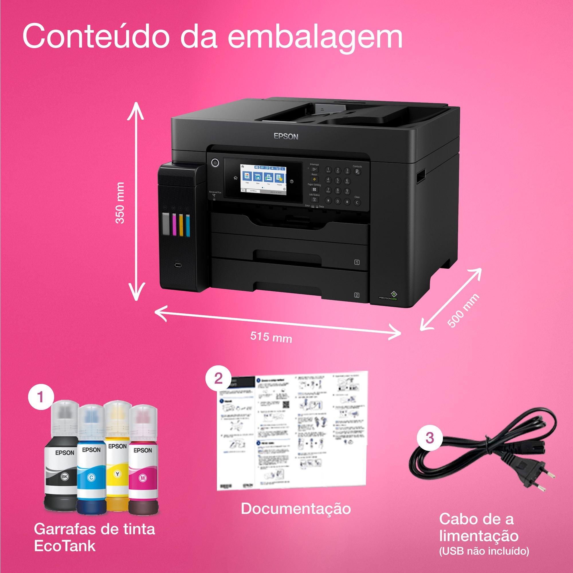 Impressora com tanque de tinta Wi-Fi multifunções com fax EcoTank ET-16650 A3+ whats in the box