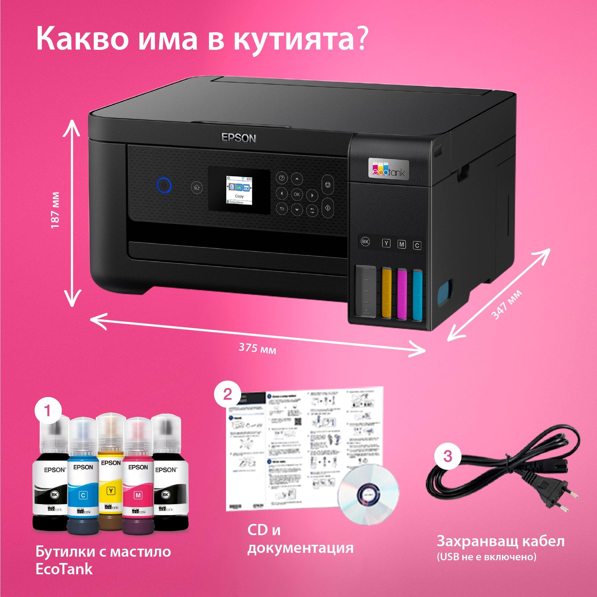 EcoTank L4260 мултифункционален Wi-Fi A4 принтер с резервоар за мастило с включено мастило за период до 3 години whats in the box