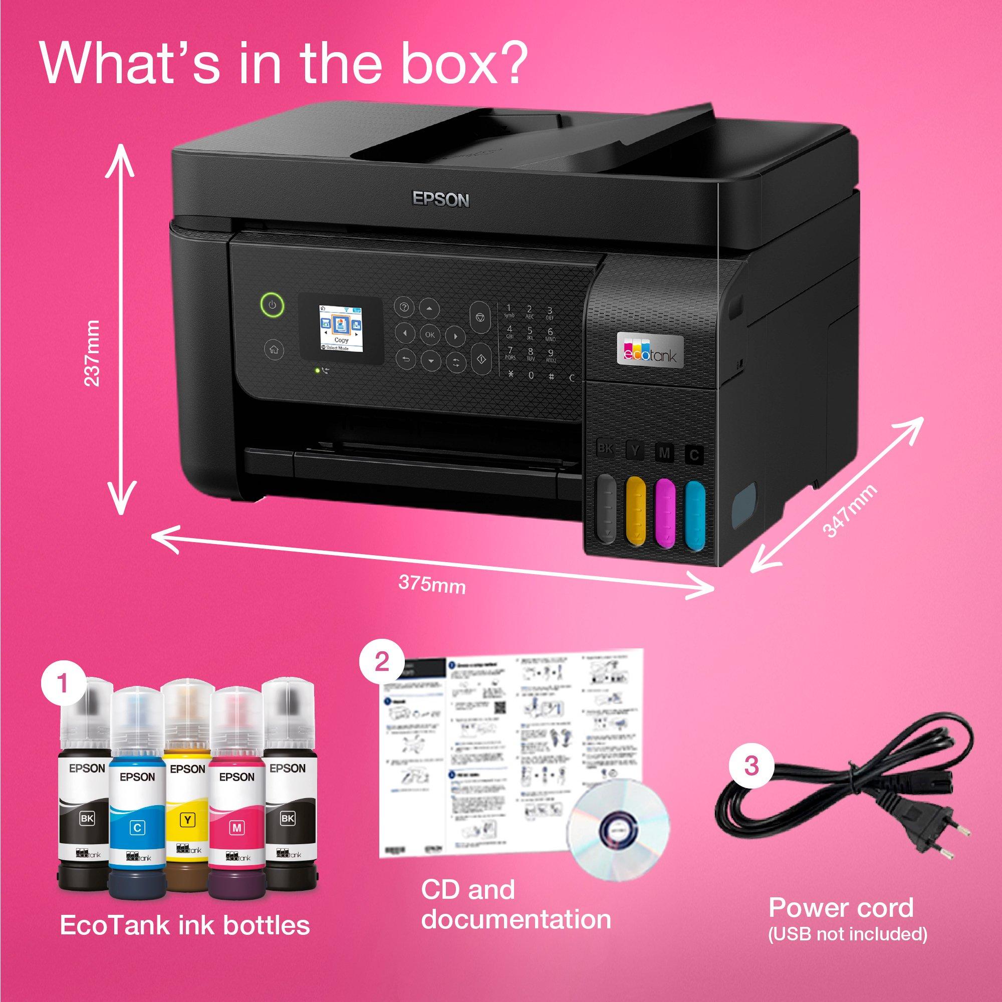 EcoTank L5290 Multifunction Wi-Fi Ink Tank A4 Printer, With Up To 3 Years Of Ink Included whats in the box