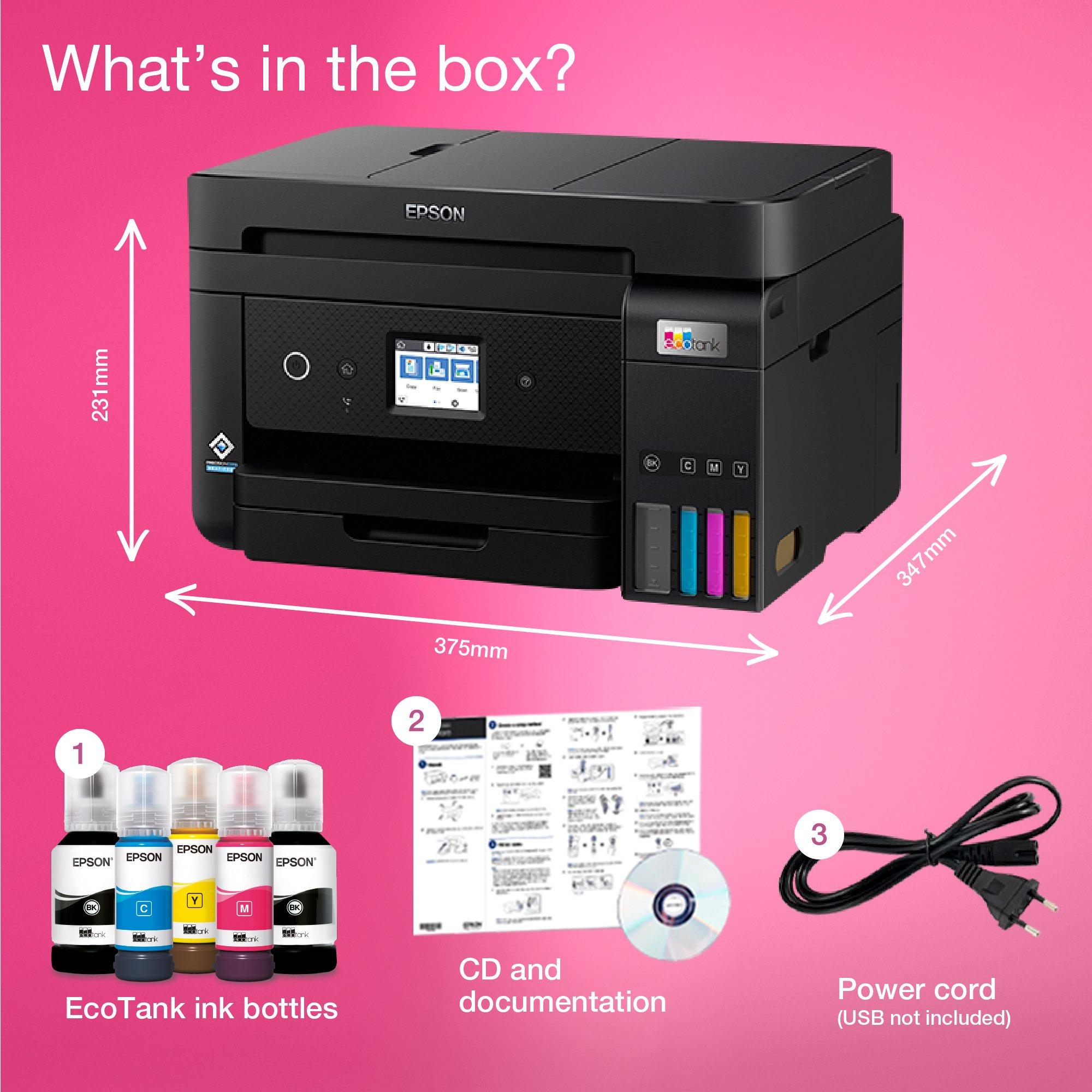 EcoTank L6290 Multifunction Wi-Fi Ink Tank A4 Printer, With Up To 3 Years Of Ink Included whats in the box